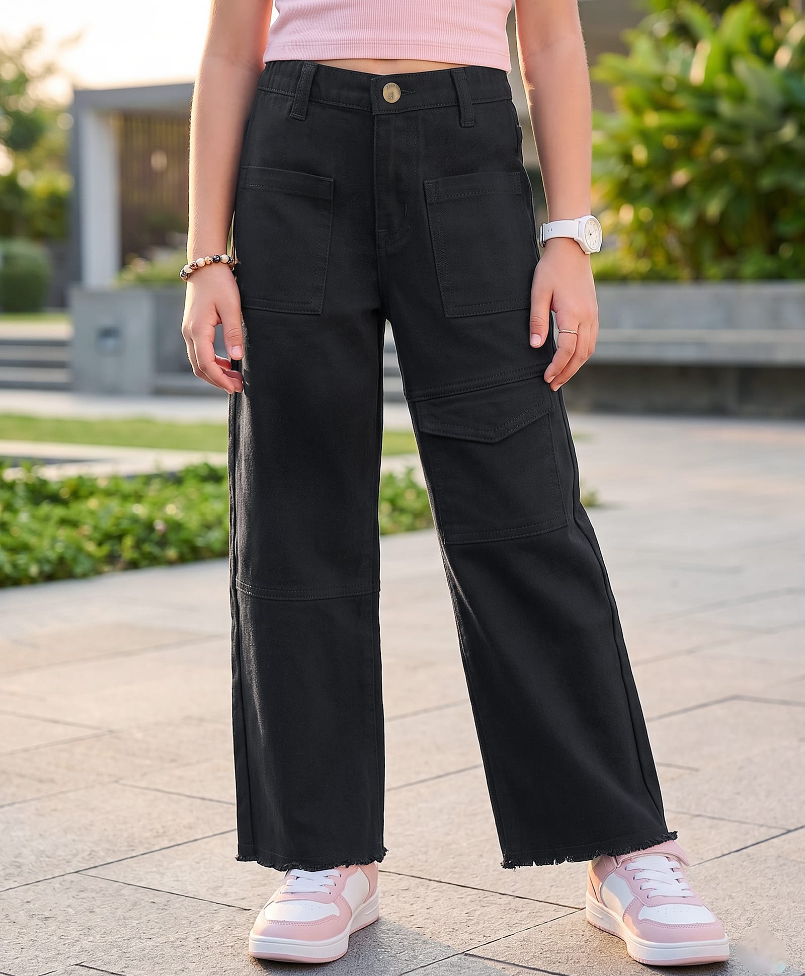 Pine Kids Woven Full Length Solid Flared Jeans - Black-image-18
