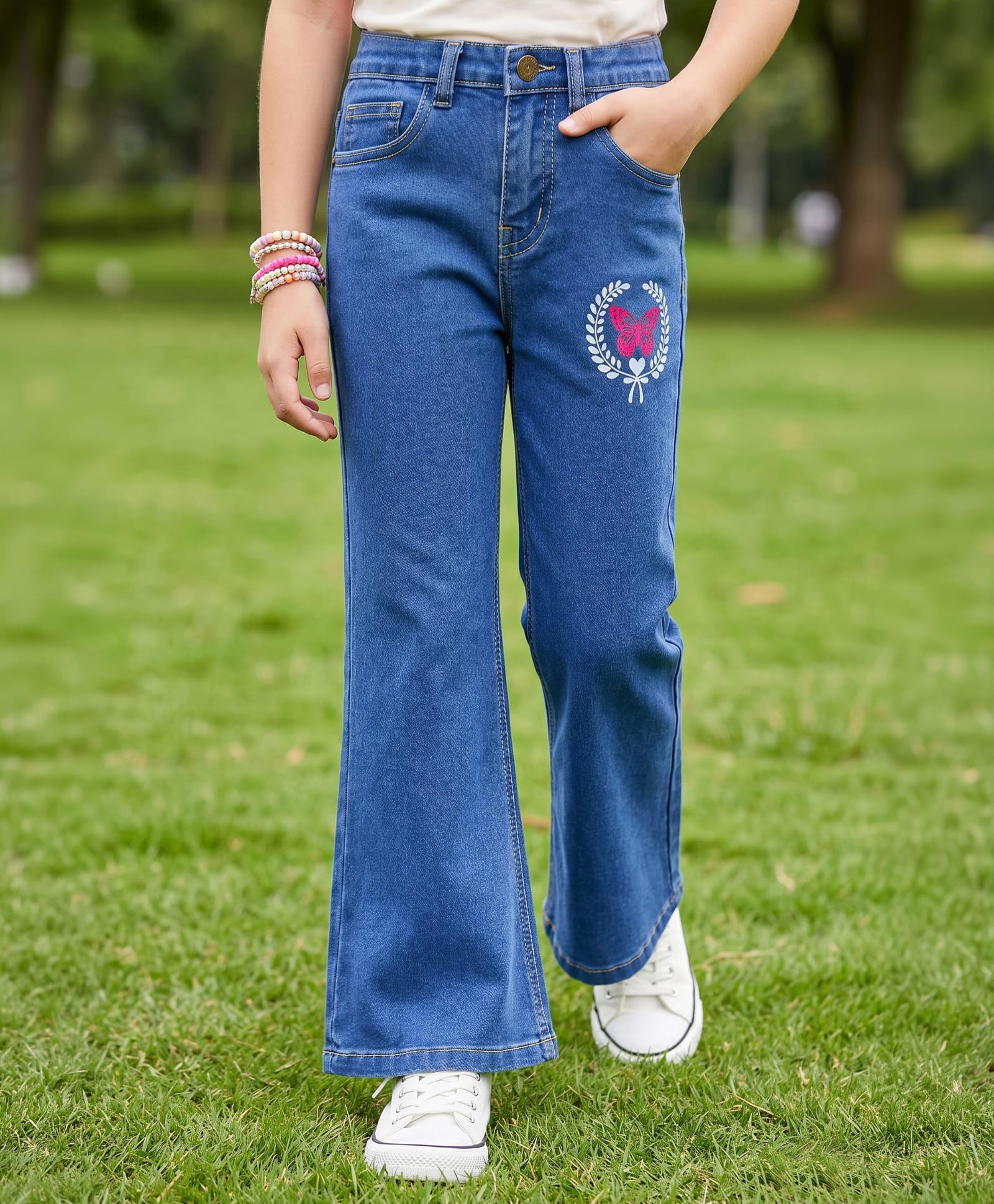 Pine Kids Woven Ankle Length Butterfly Printed Flared Jeans - Blue-picture-5
