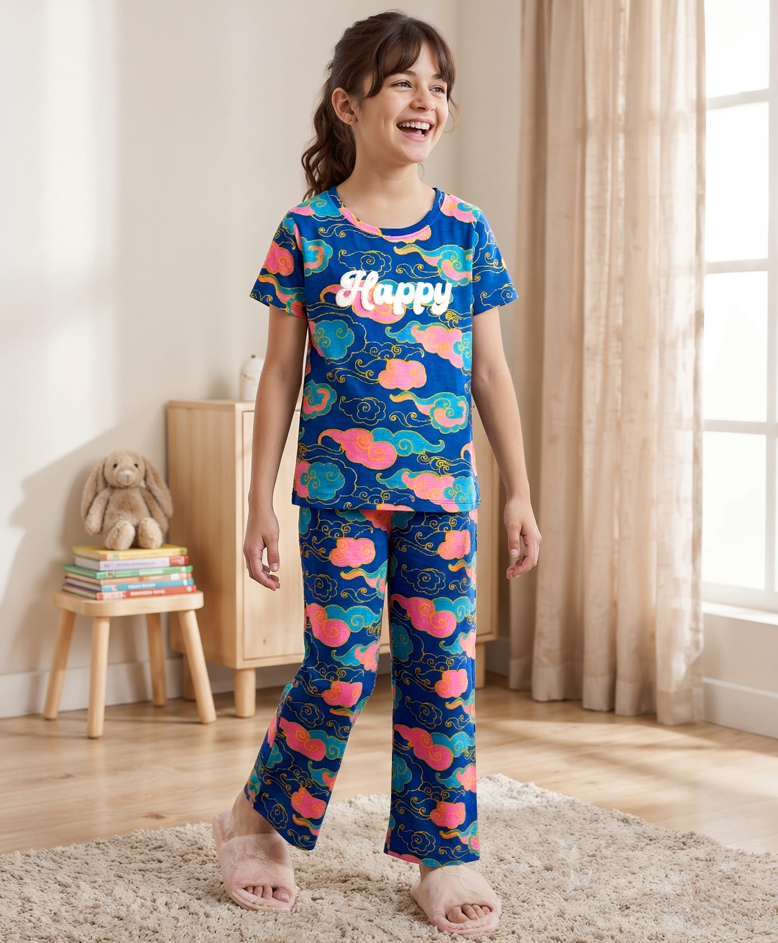Pine Kids Cotton Knit Half Sleeves Top & Pyjama Co-ord Night Suit With Cloud Print - Navy Blue-image-36