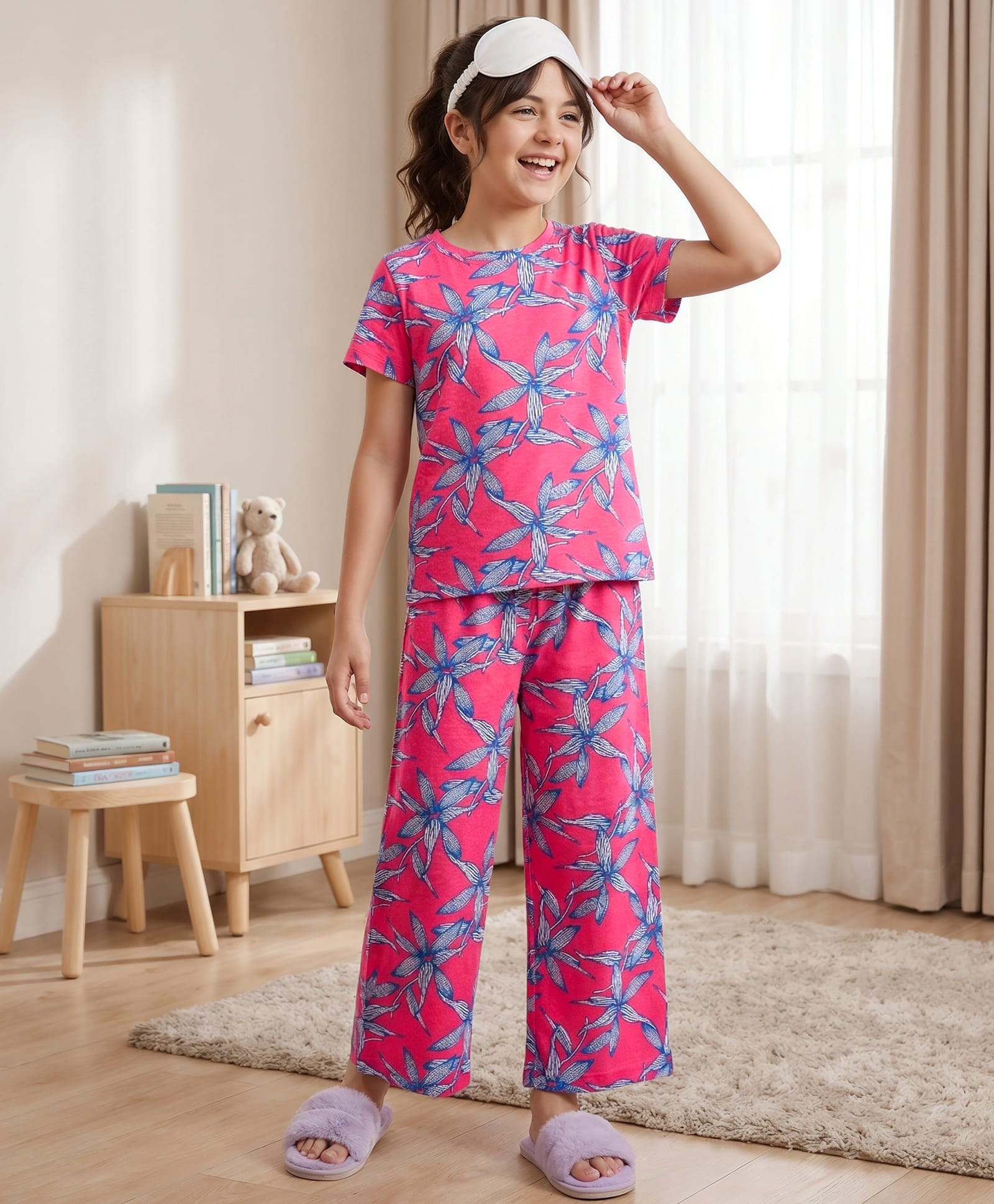 Pine Kids Cotton Knit Half Sleeves Top & Pyjama Co-ord Night Suit With Floral Print - Dark Pink-image-45