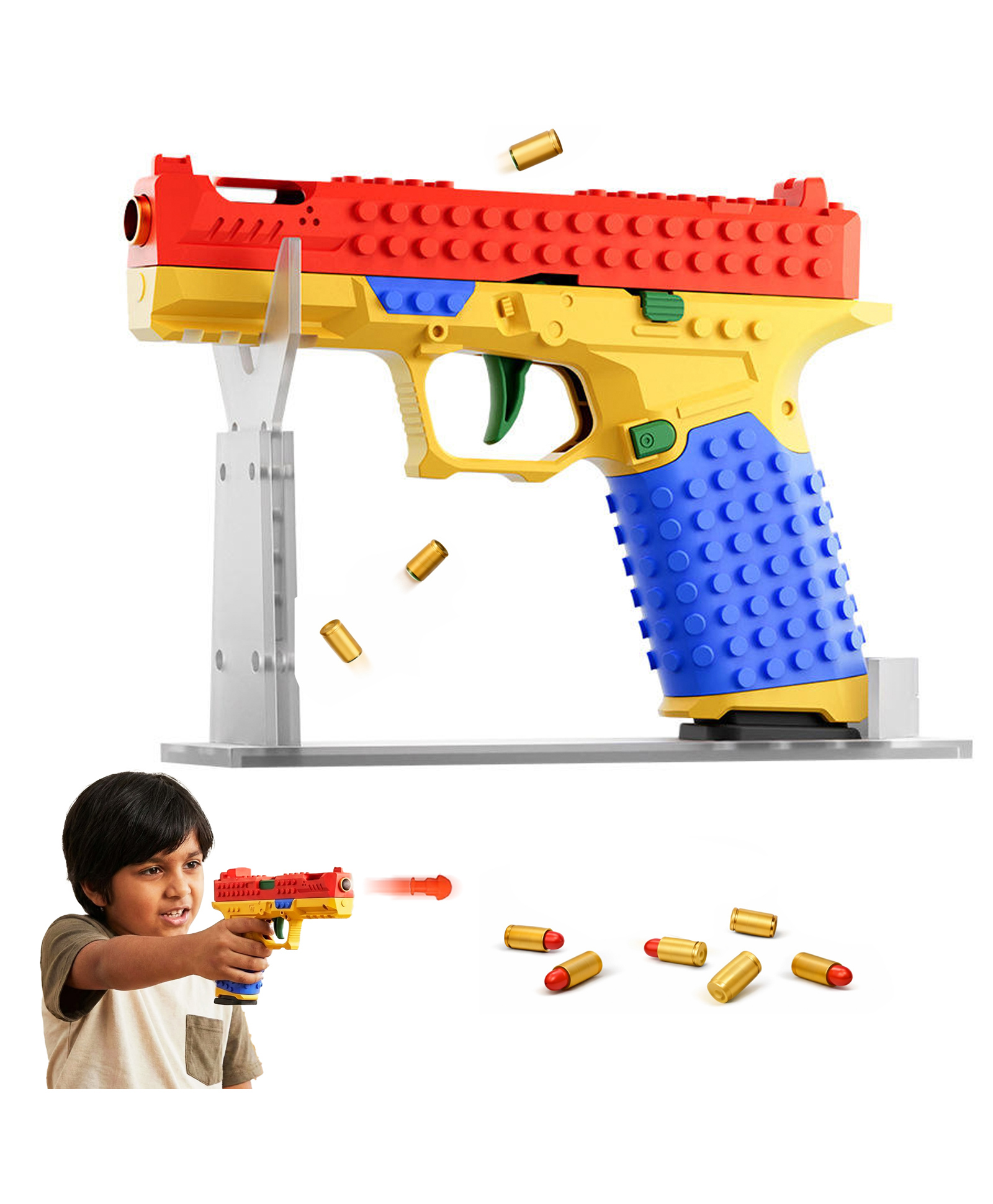 Kidology DIY Building Block Soft Bullet Gun Kit | Shell-Ejecting Pull-Back Action | Modular Foam Blaster Gun with Display Stand | Creative Assembly Toy for Kids-image-31