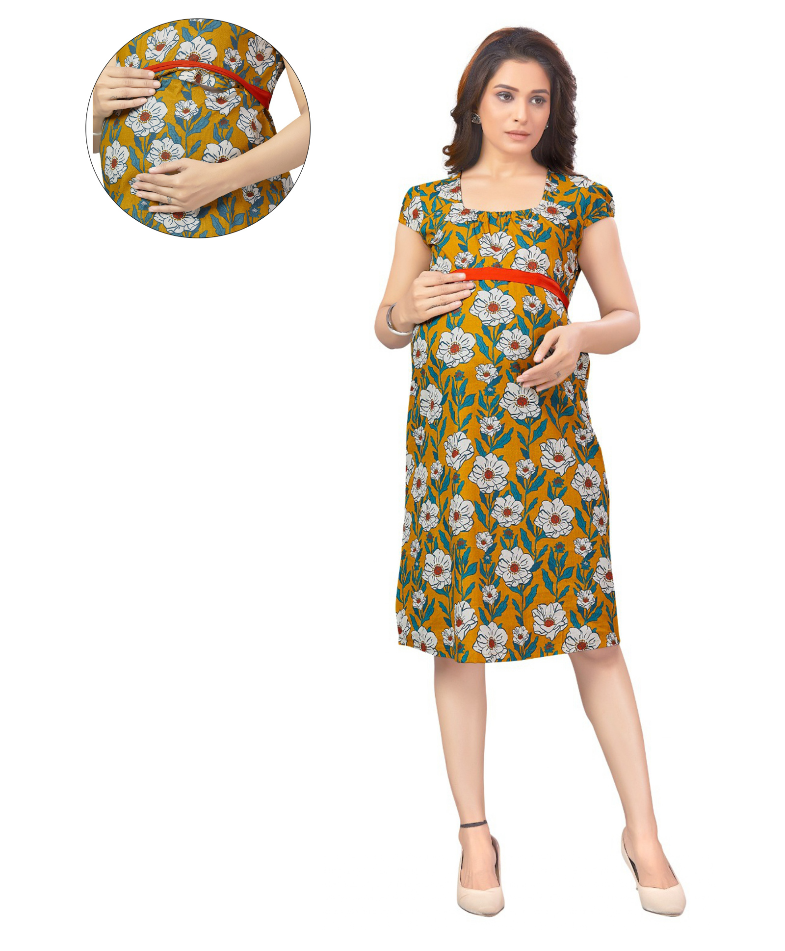 Mama & Bebe Cotton Woven Short Sleeves Floral Printed Maternity Dress - Mustard-picture-36