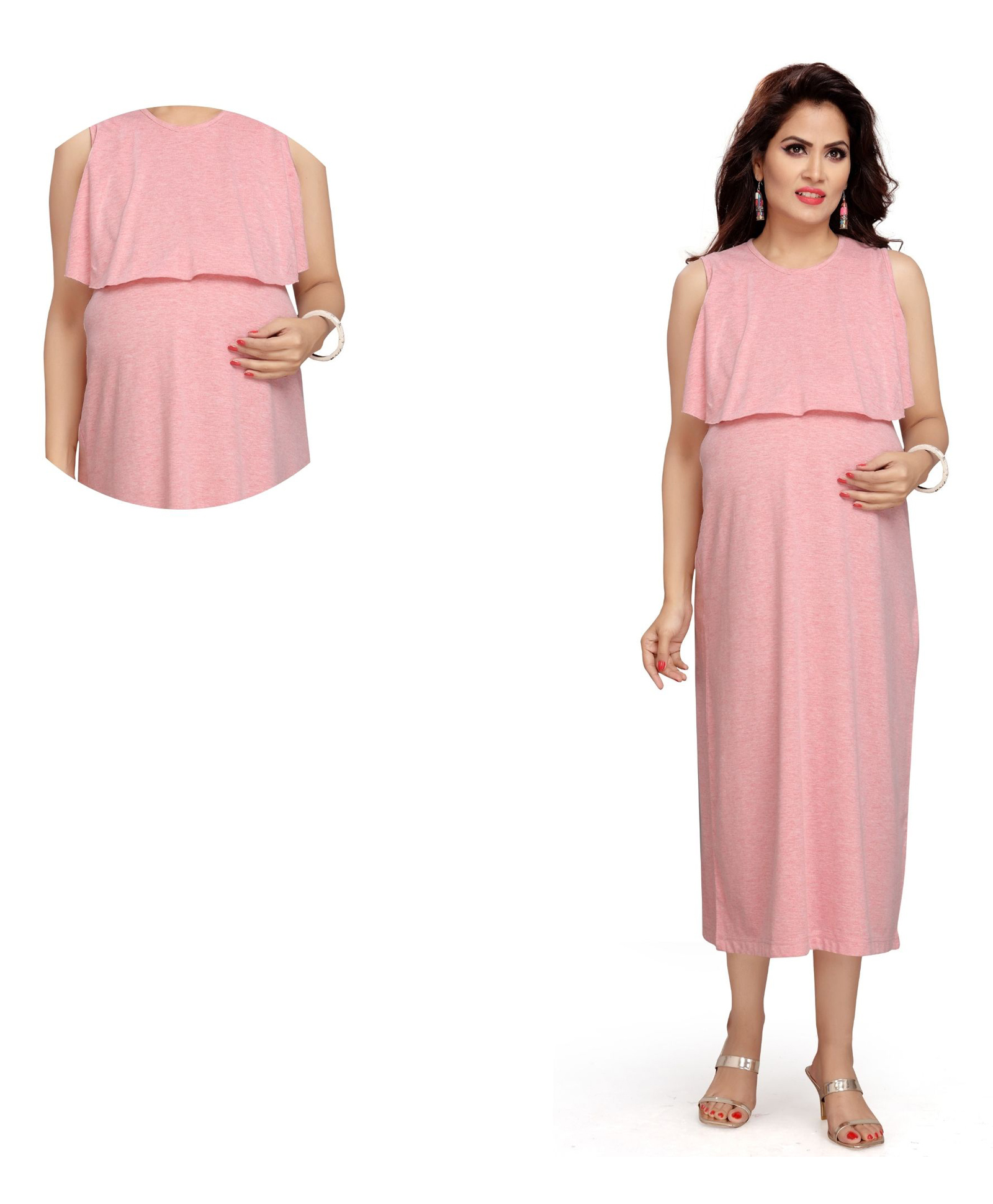 Mama & Bebe Cotton blend Knitted Sleeveless Solid Maternity Dress - Pink-image-47