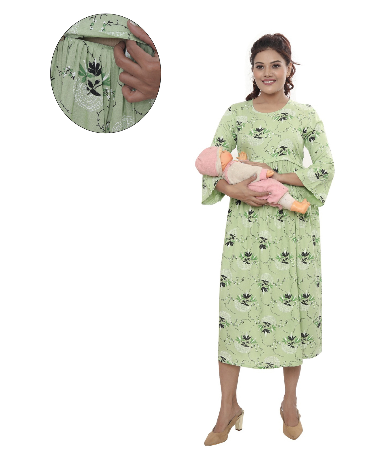 Mama & Bebe Rayon Woven Three Fourth Sleeves Floral Printed Maternity Dress With Overlap Zipper Nursing Access - Green-picture-25