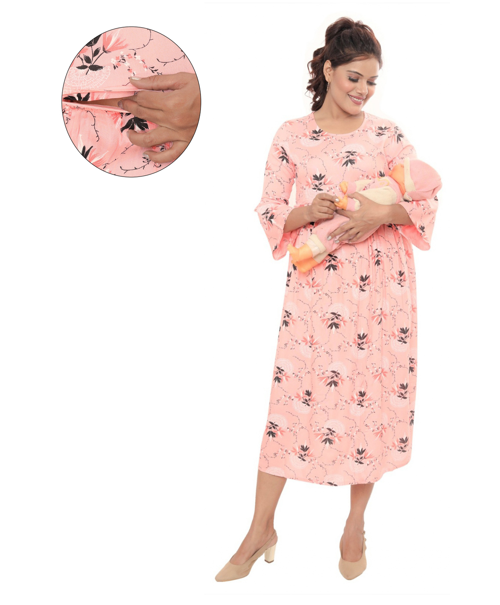 Mama & Bebe Rayon Woven Three Fourth Bell Sleeves Floral Printed Maternity Dress With Overlap Zipper Nursing Access - Pink-picture-26
