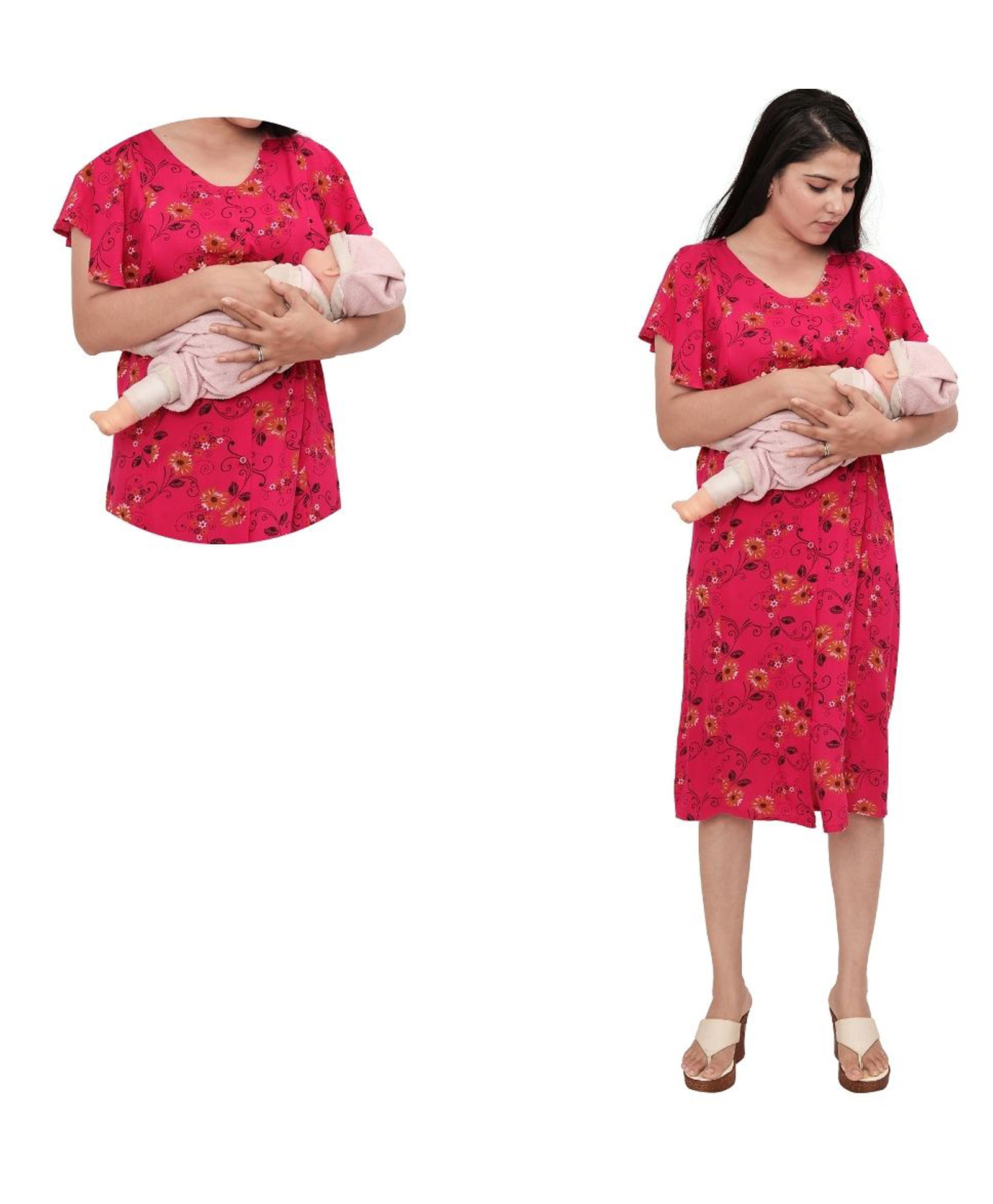 Mama & Bebe Cotton Woven Half Sleeves Floral Printed Maternity Dress With Side Zipper Nursing Access - Pink-picture-27