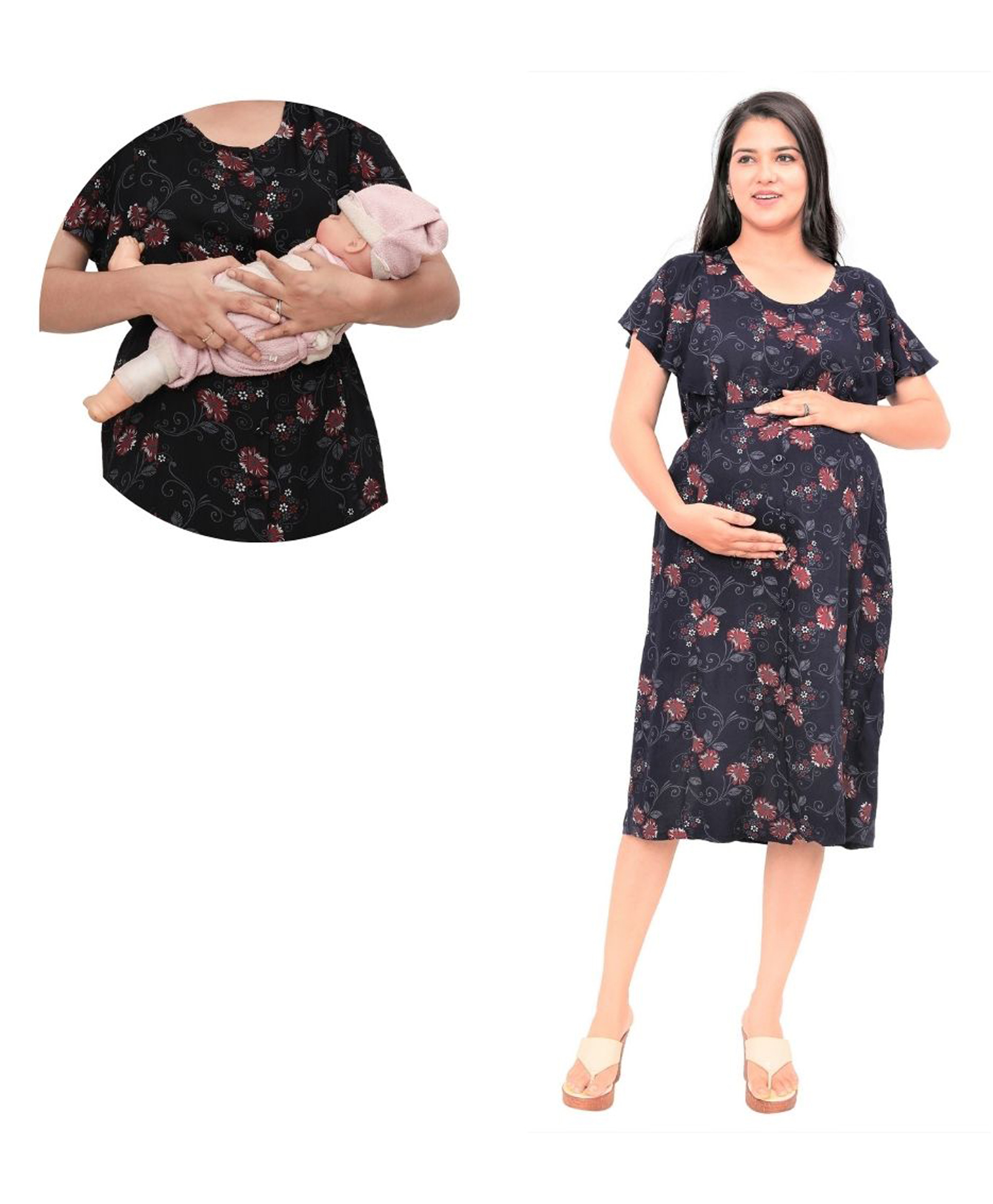Mama & Bebe Rayon Woven Half Sleeves Floral Printed Maternity Dress With Front Open Nursing Access - Navy Blue-picture-12