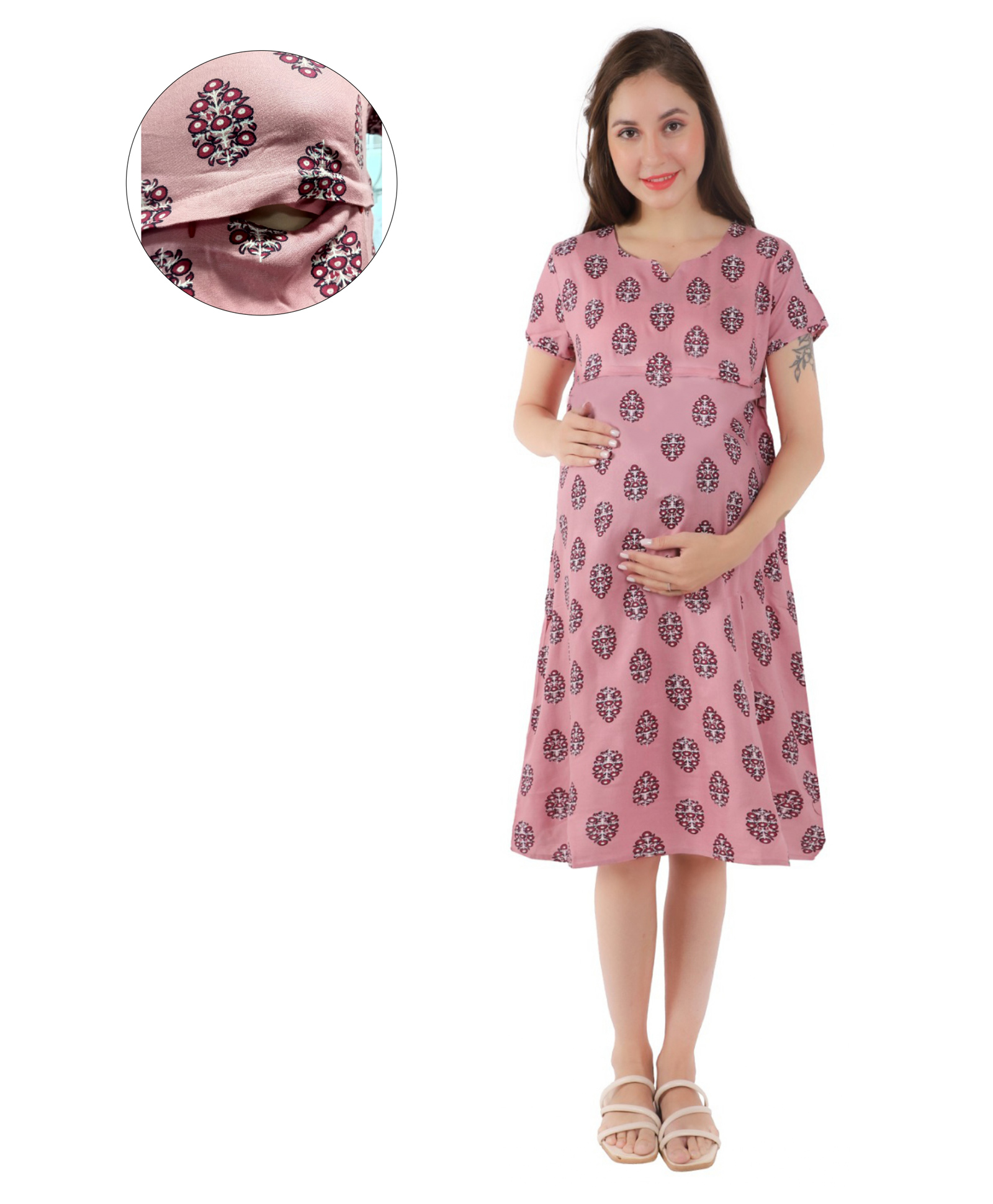 Mama & Bebe Rayon Woven Half Sleeves Abstract Motifs Printed Maternity Dress With Overlap Zipper Nursing Access - Peach-picture-34