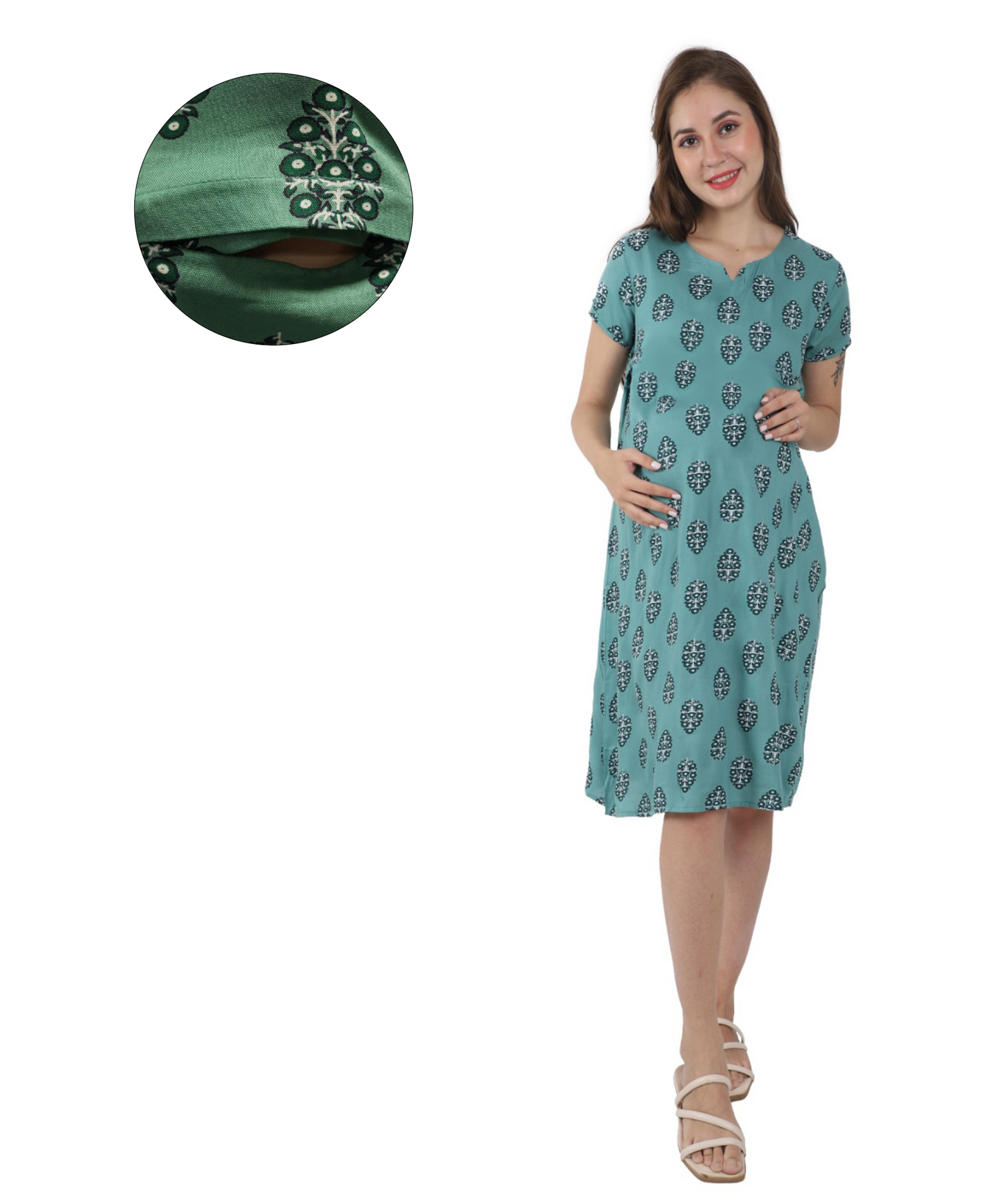 Mama & Bebe Rayon Woven Half Sleeves Abstract Motifs Printed Maternity Dress With Side Zipper Nursing Acces - Green