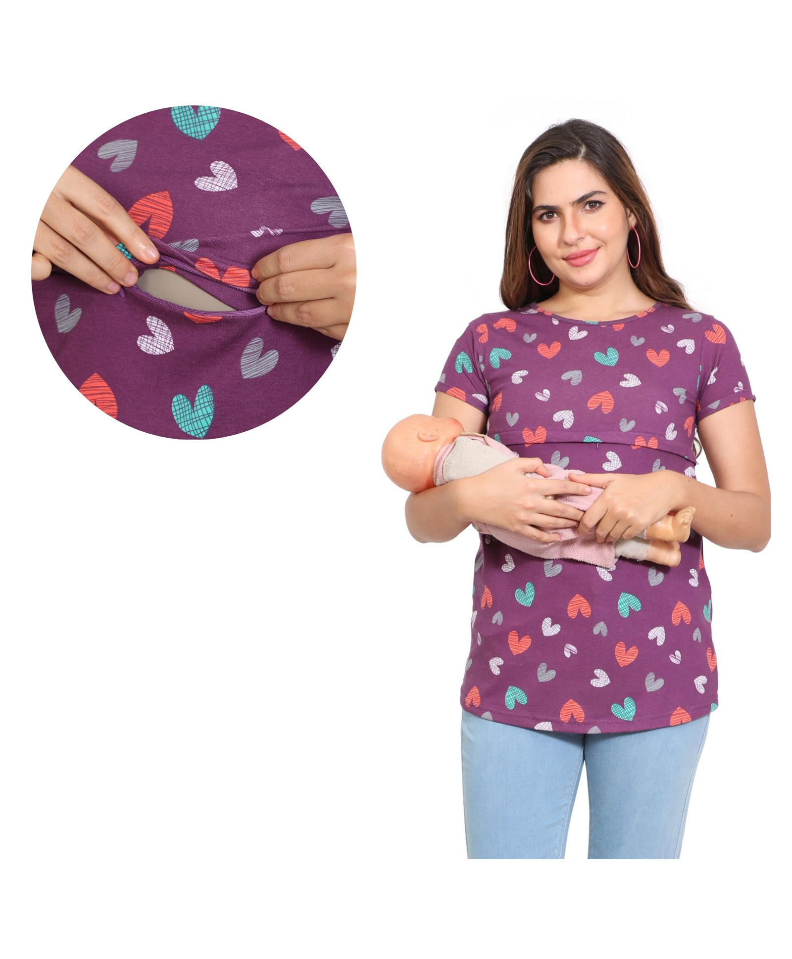 Mama & Bebe Knitted Knit Half Sleeves Hearts Printed Maternity Tee With Overlap Zipper Nursing Access - Purple-picture-19