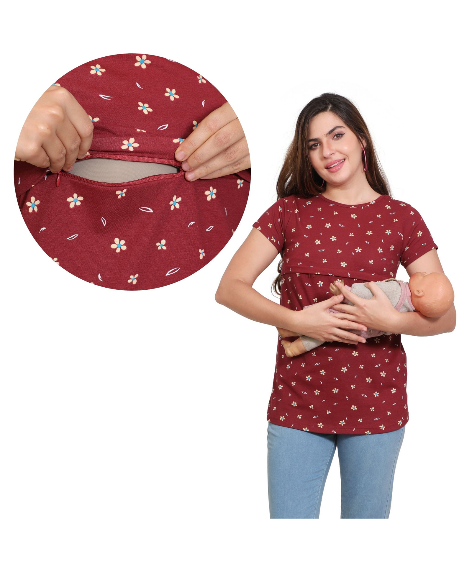 Mama & Bebe Knitted Knit Half Sleeves Floral Printed Maternity Tee With Overlap Zipper Nursing Access - Maroon