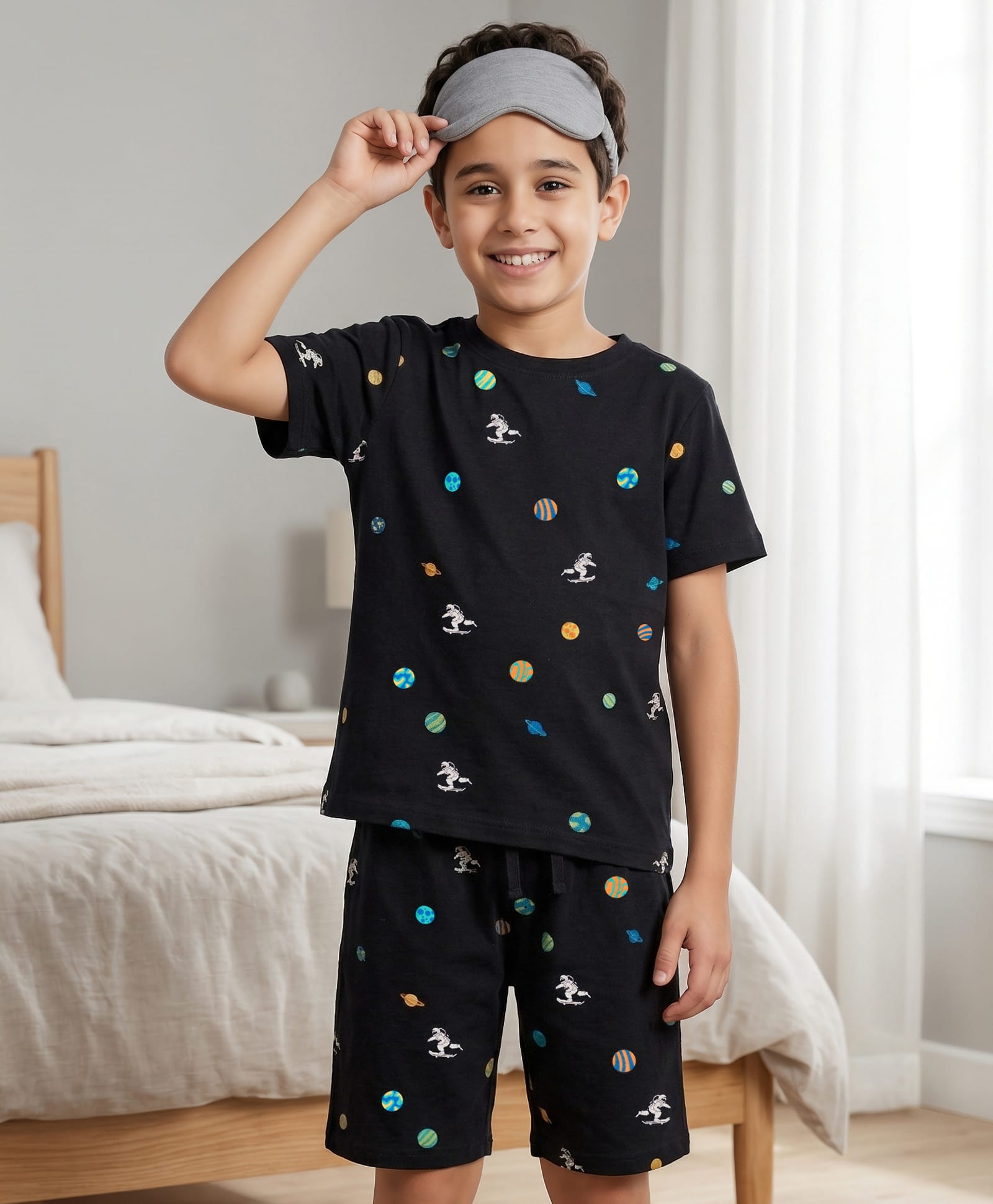 Pine Kids Cotton Knit Half Sleeves T-Shirt & Shorts Co-ord Night Suit With Space Theme Print - Black-picture-26