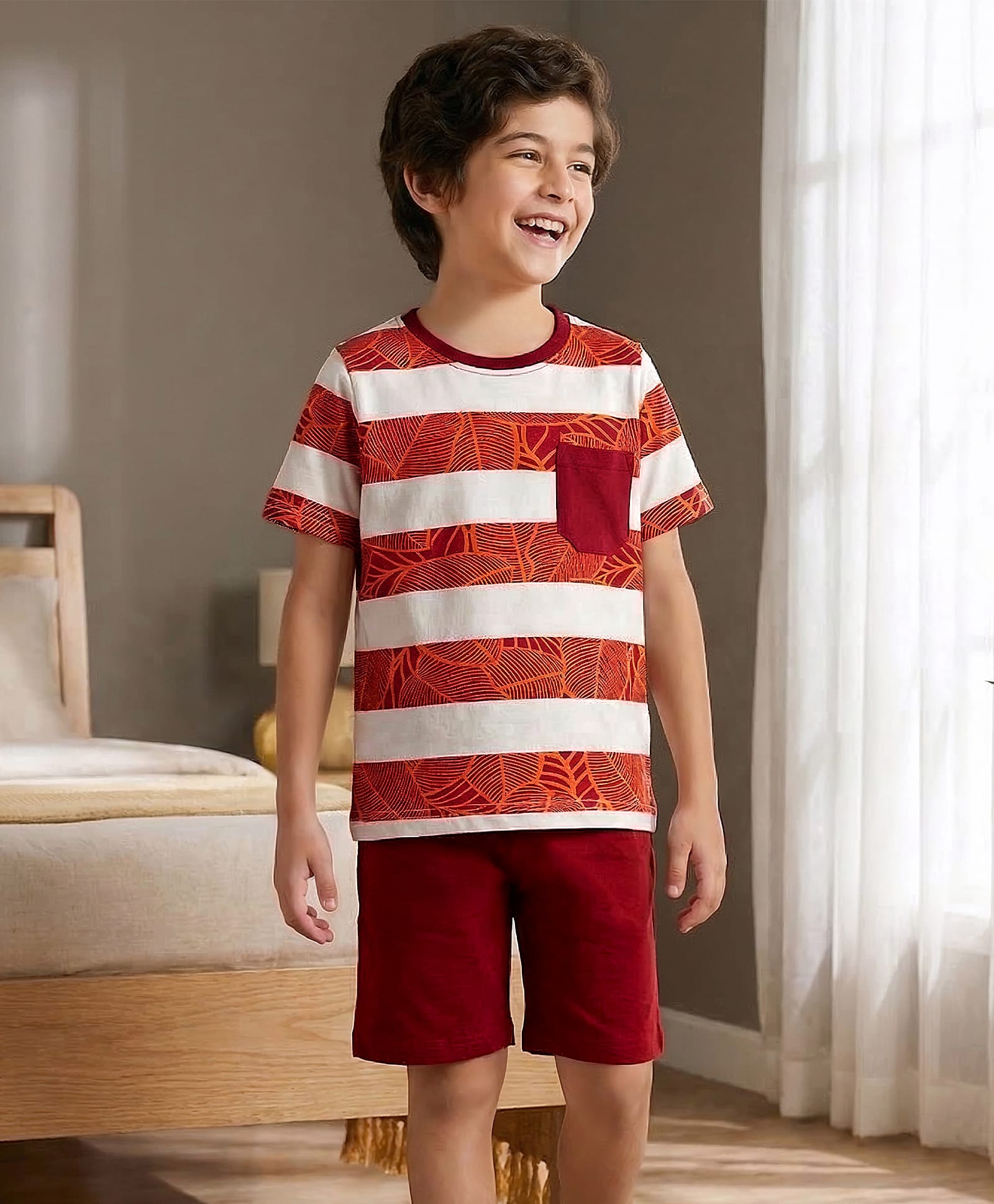 Pine Kids Cotton Knit Half Sleeves Striped Cut & Sew T-Shirt & Shorts Night Suit with Leaf Print - Brown-picture-24