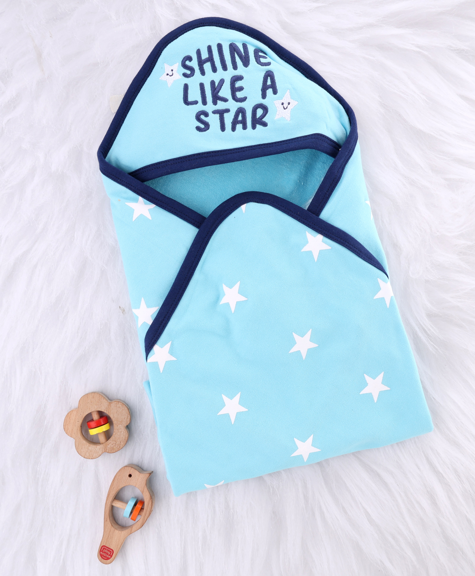 Babyhug Cotton Knit Hooded Towel With Star Print & Text Embroidery L 75 x B 71 cm - Light Blue-image-31