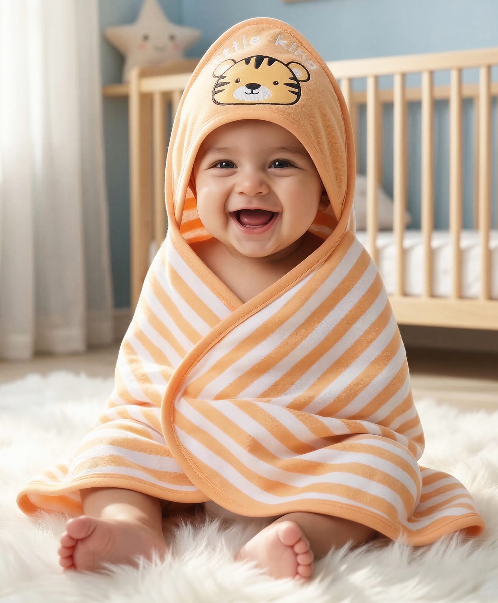 Babyhug Cotton Knit Hooded Towel With Tiger Embroidery & Stripes L 76 x B 76 cm - Light Brown-image-8