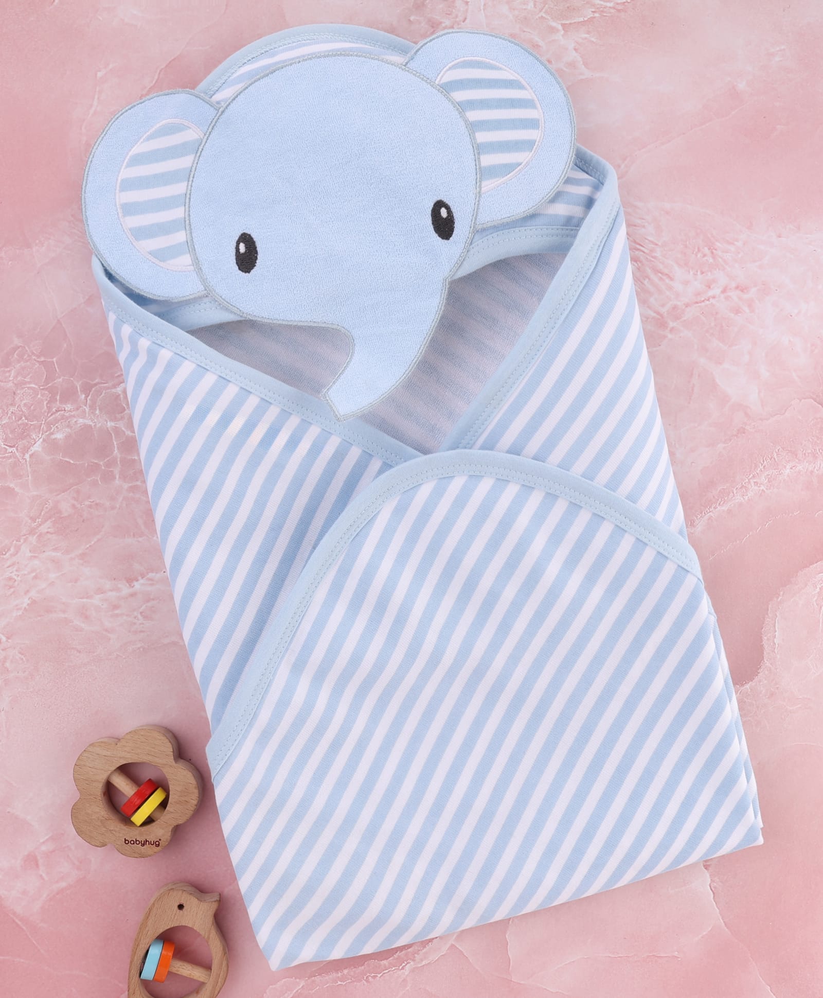 Babyhug Cotton Knit Hooded Wrapper With Elephant Applique L 76 x B 76 cm - Light Blue-image-46
