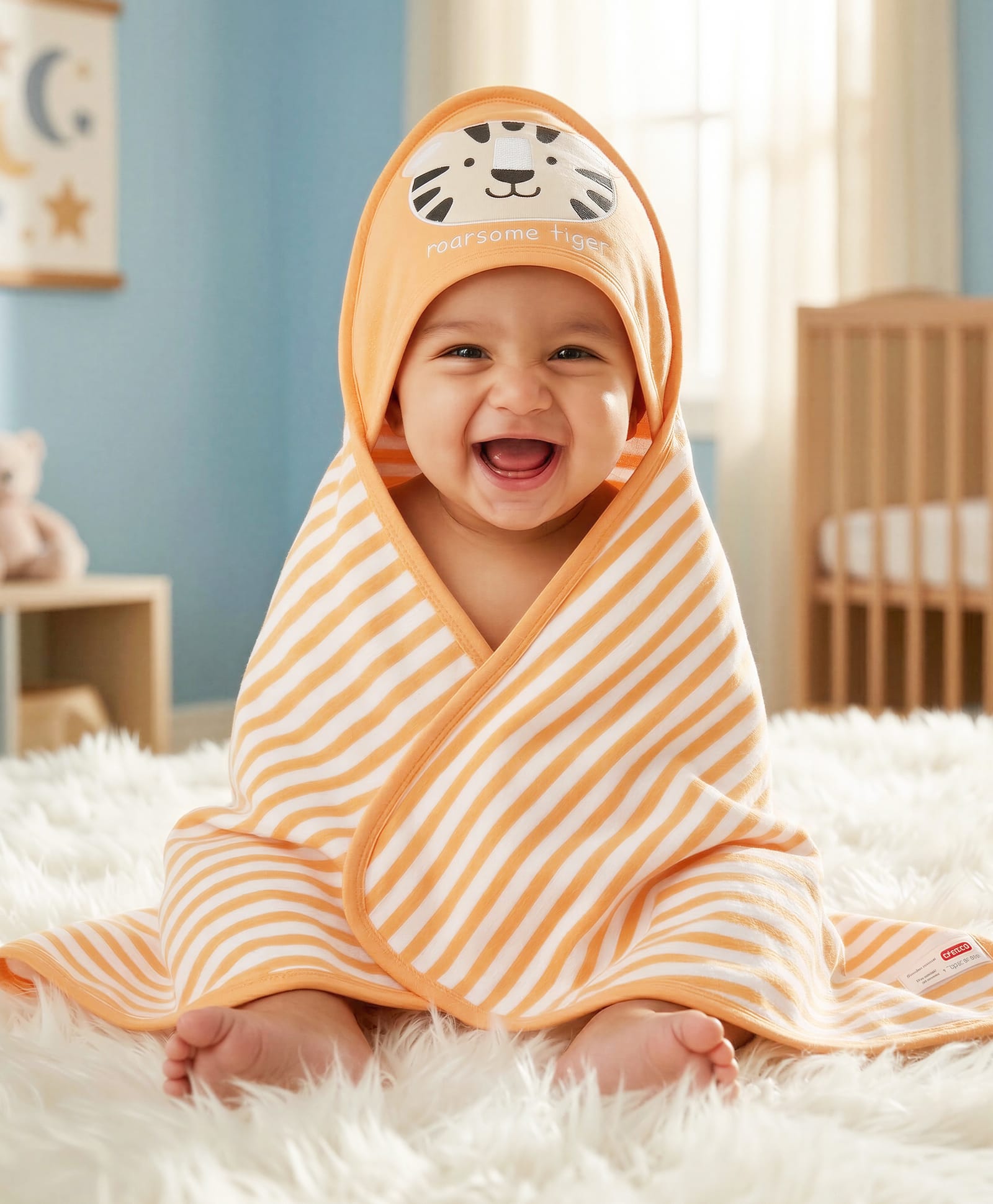 Babyhug Cotton Knit Hooded Towel With Tiger Embroidery & Stripes L 76 x B 68.5 cm - Orange-image-17