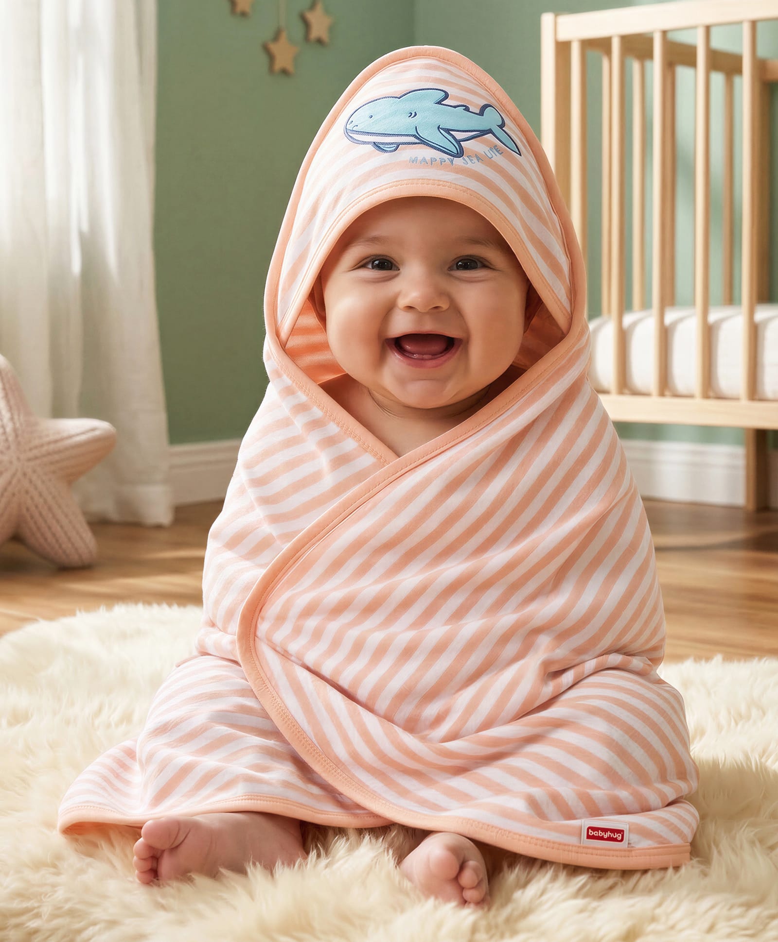 Babyhug Cotton Knit Hooded Towel With Stripes & Sea Life Embroidery L 76 x B 68.5 cm - Orange-image-3