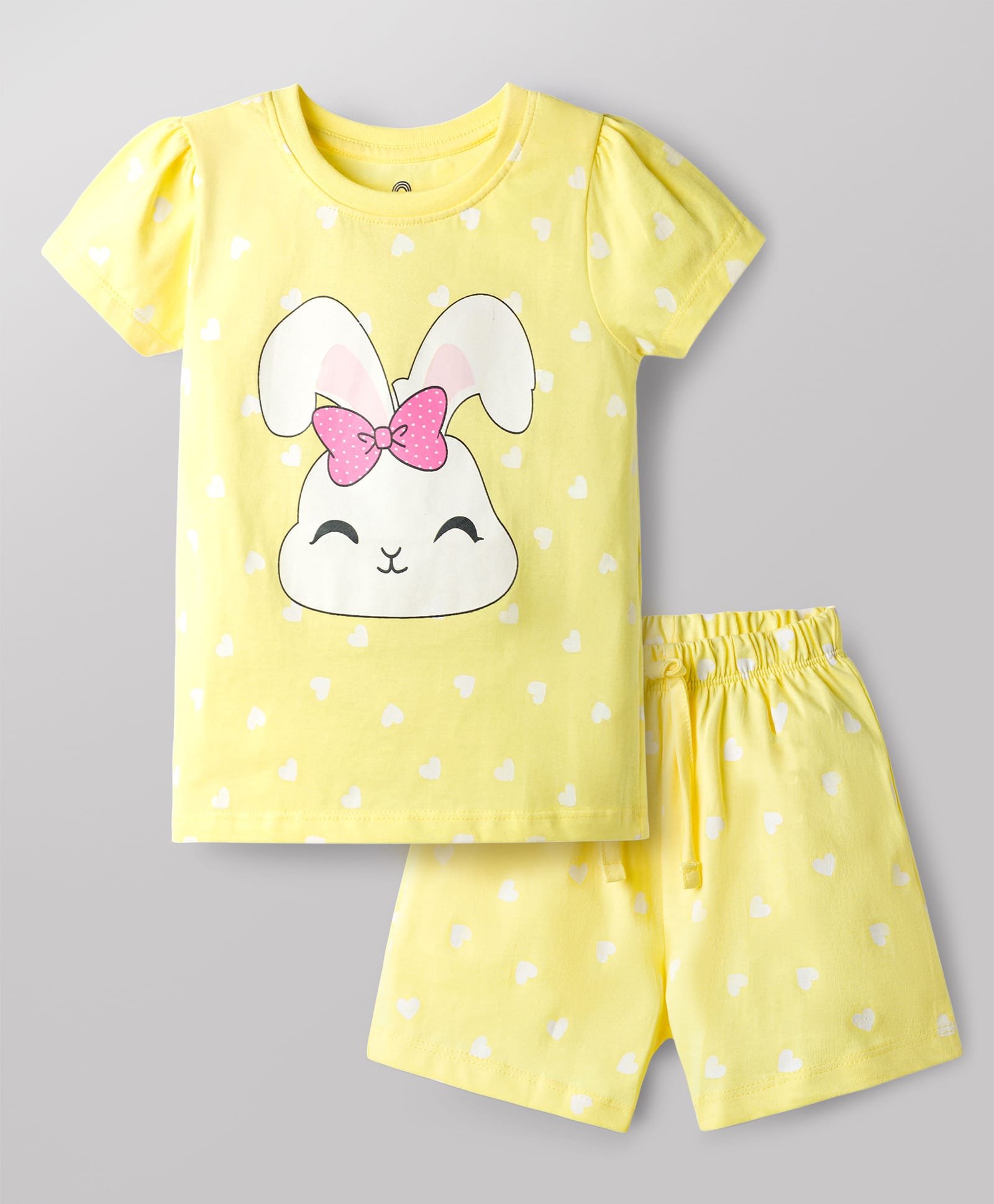 Doodle Poodle 100% Cotton Knit Half Sleeves Bunny & Hearts Printed T-Shirt & Shorts Night Suit - Yellow-image-31