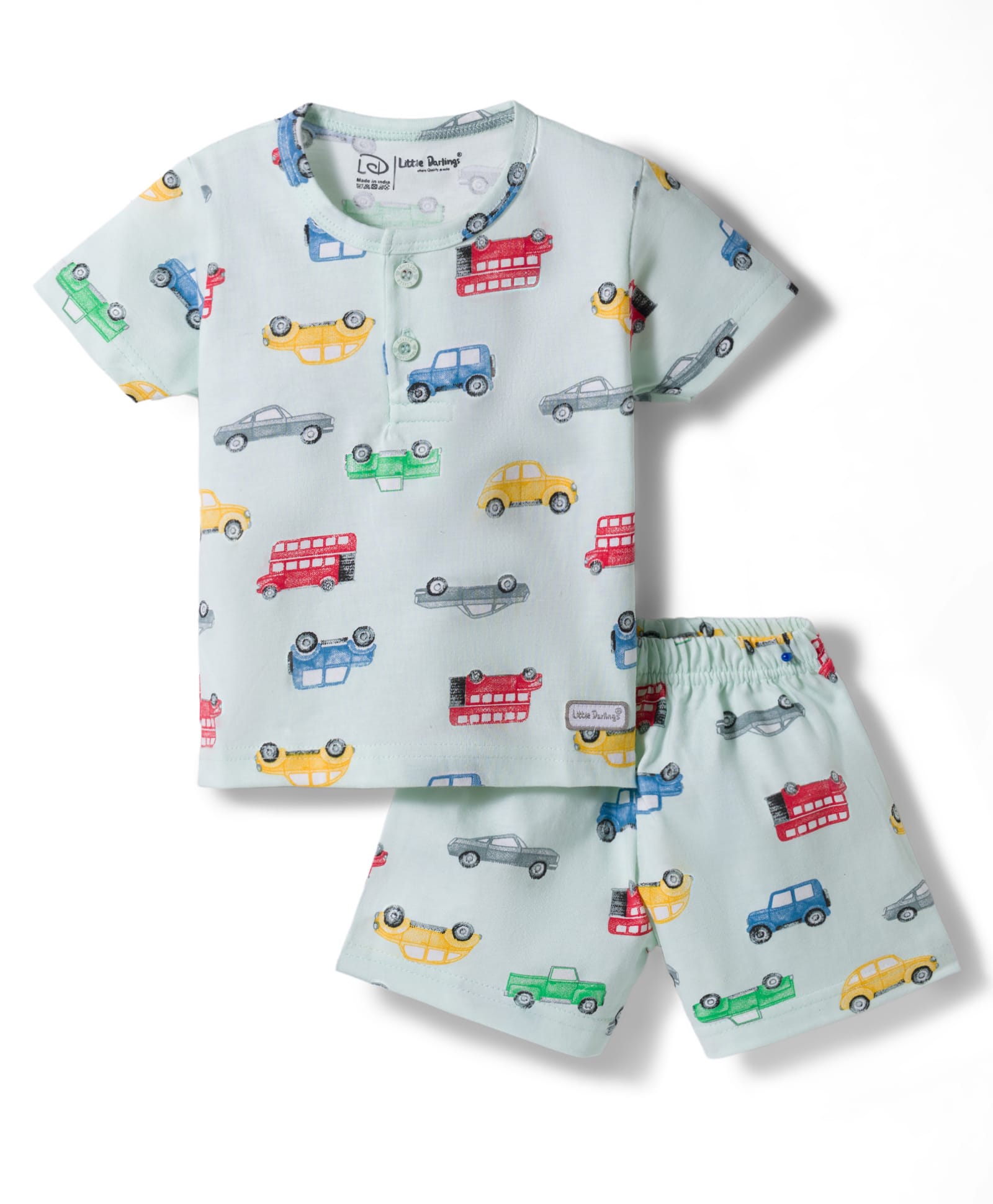 Little Darlings Sinker Knit Half Sleeves T-Shirt & Shorts Co-ord Night Suit With Car Print - Mint Green-image-45