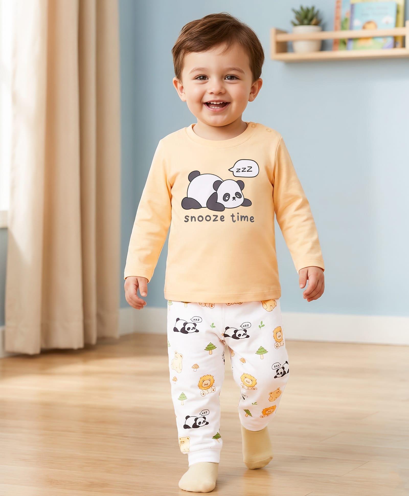 Babyoye Single Jersey Knit Full Sleeves T-Shirt & Pyjama Night Suit With Animal Print - Golden & White-picture-27