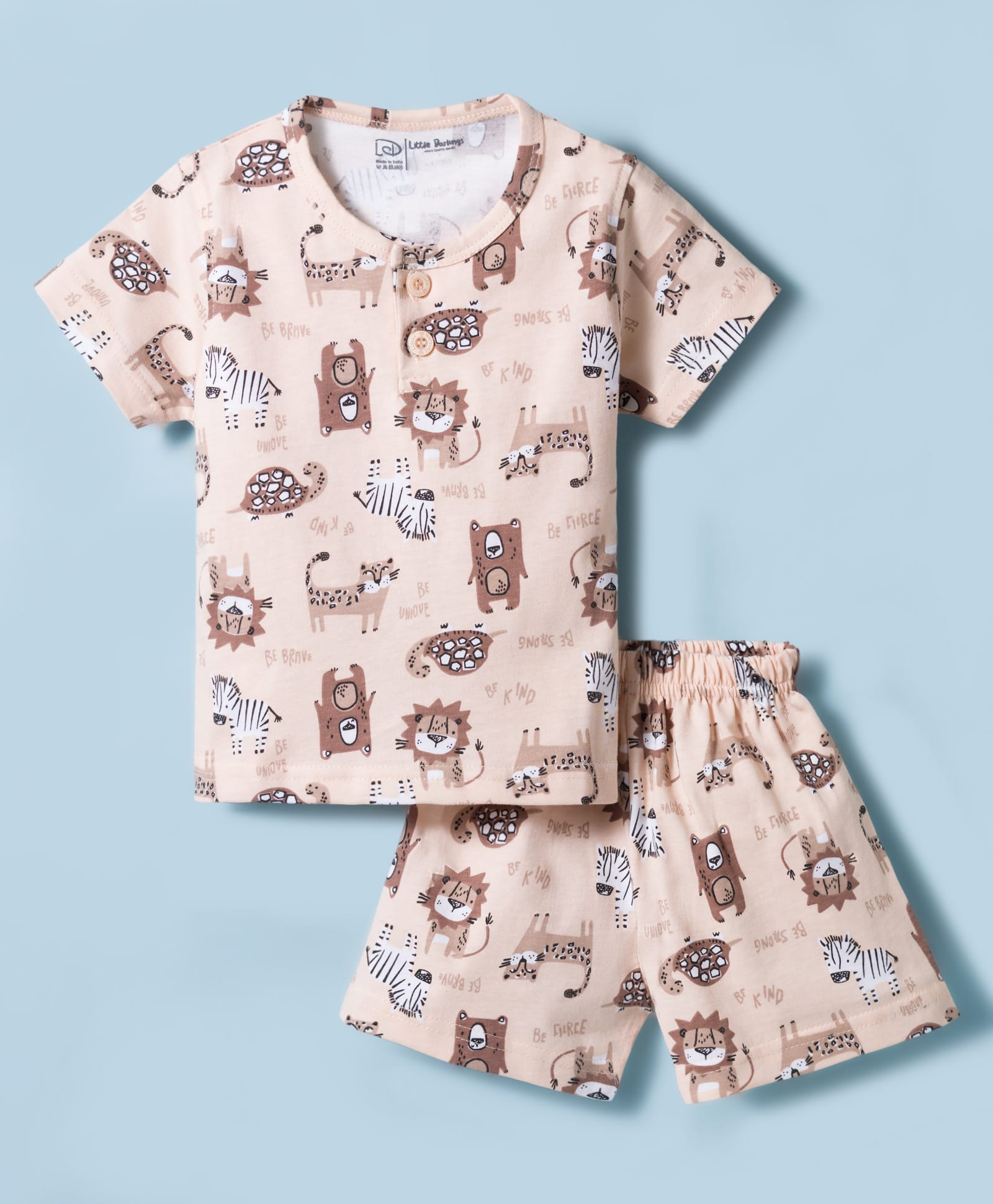 Little Darlings Sinker Knit Half Sleeves T-Shirt & Shorts Co-ord Night Suit With Animal Print - Ivory-image-28