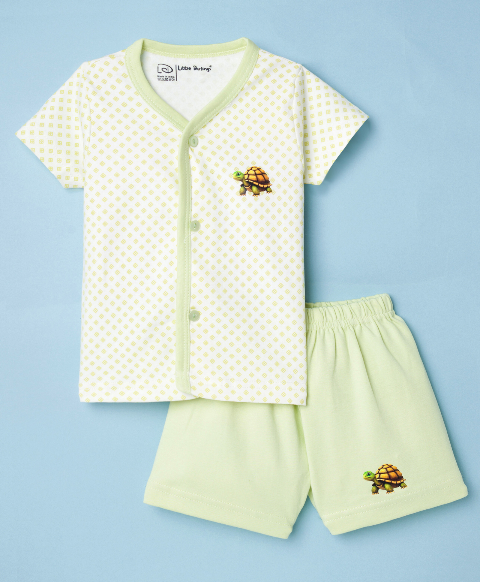 Little Darlings Interlock Knit Half Sleeves T-Shirt & Shorts Night Suit With Turtle Print - Green-image-10