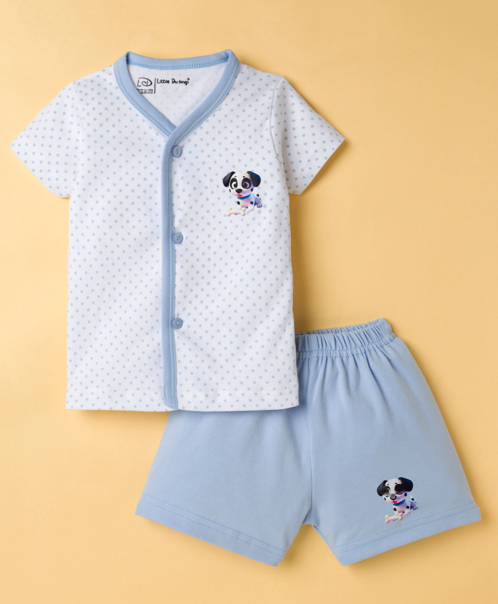 Little Darlings Interlock Knit Half Sleeves T-Shirt & Shorts Night Suit With Dog Print - Light Blue-image-40
