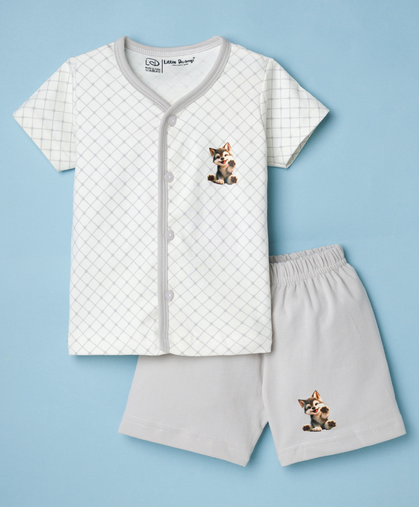 Little Darlings Interlock Knit Half Sleeves T-Shirt & Shorts Night Suit With Dog Print - Grey-image-49