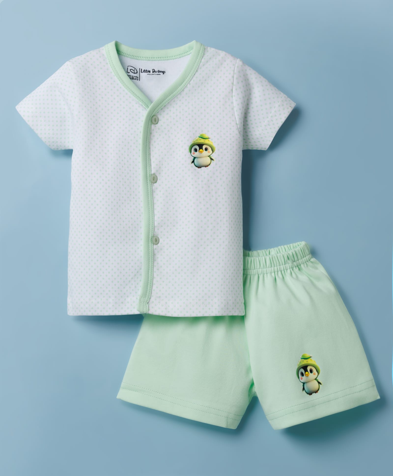Little Darlings Interlock Knit Half Sleeves T-Shirt & Shorts Night Suit with Penguin Print - Green & White-image-45
