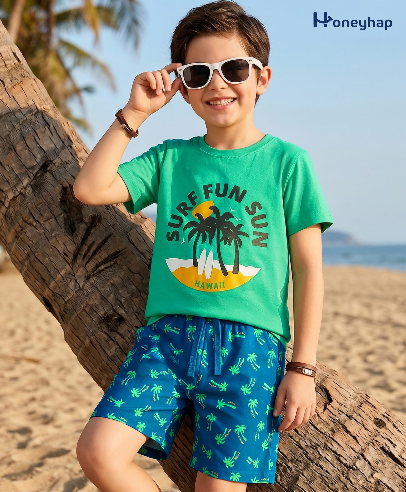 Honeyhap Premium Cotton Knit With Bio Finish Half Sleeves T-Shirt & Shorts Night Suit With Tree Print - Ming Green & Sailor Blue-picture-13