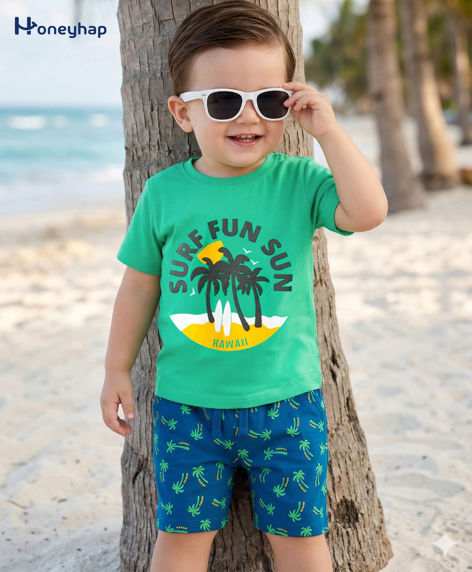 Honeyhap Premium Cotton Knit With Bio Finish Half Sleeves T-Shirt & Shorts Night Suit With Tree Print - Mint Green & Sailor Blue-image-3