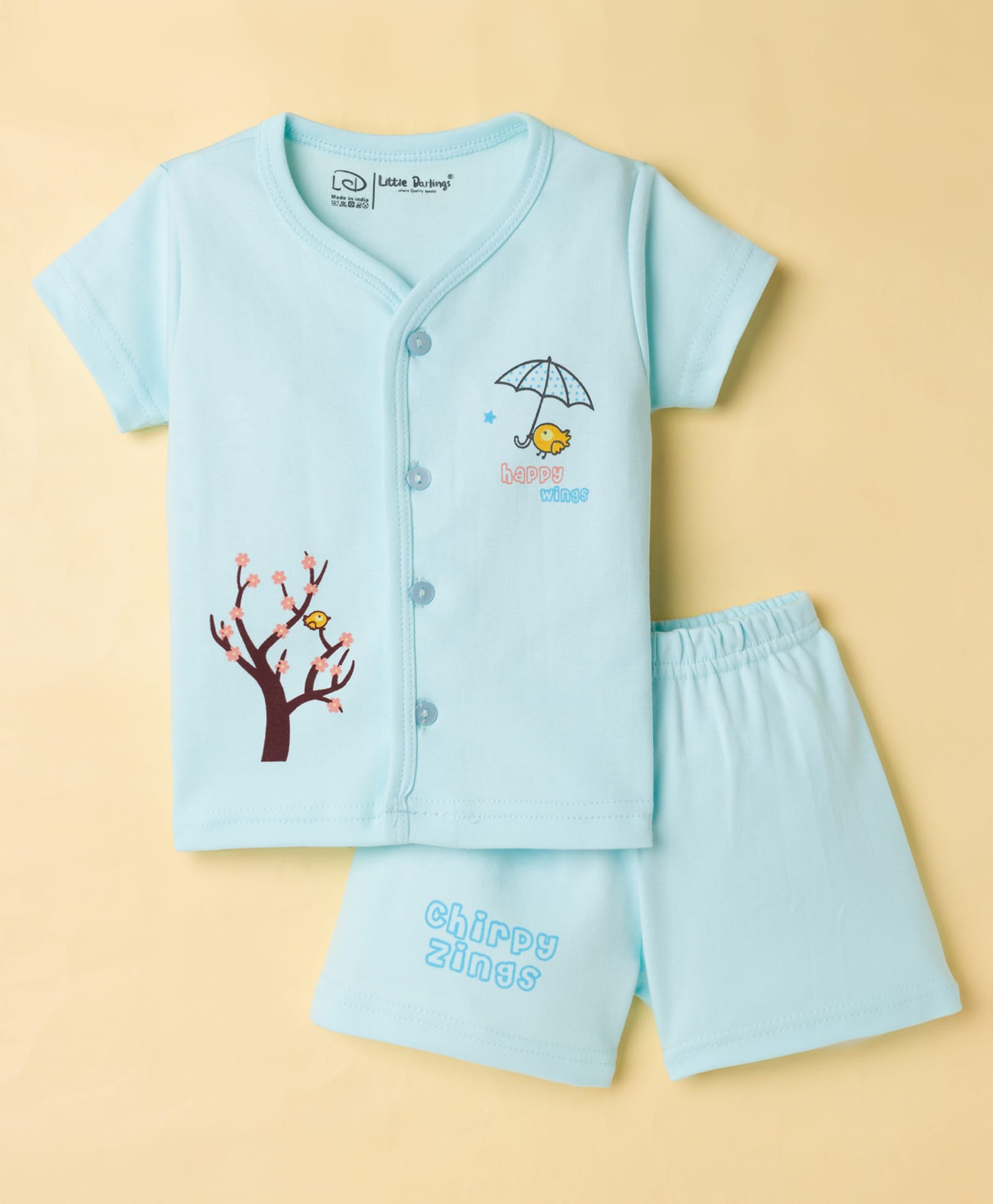 Little Darlings Interlock Knit Half Sleeves T-Shirt & Shorts Night Suit With Bird Print - Aqua Blue-image-11
