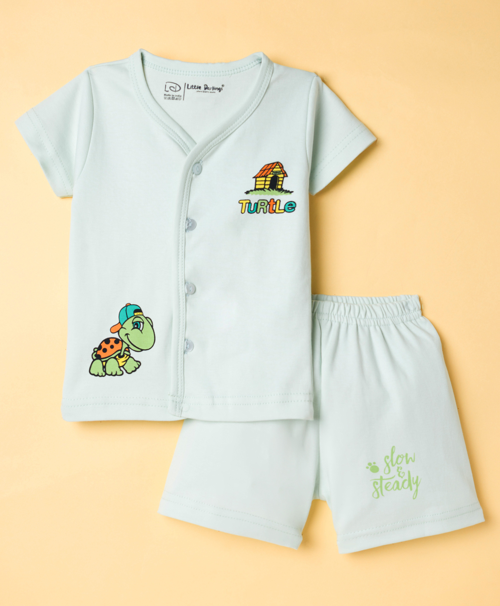 Little Darlings Interlock Knit Half Sleeves T-Shirt & Shorts Night Suit with Turtle Print - Green-image-12
