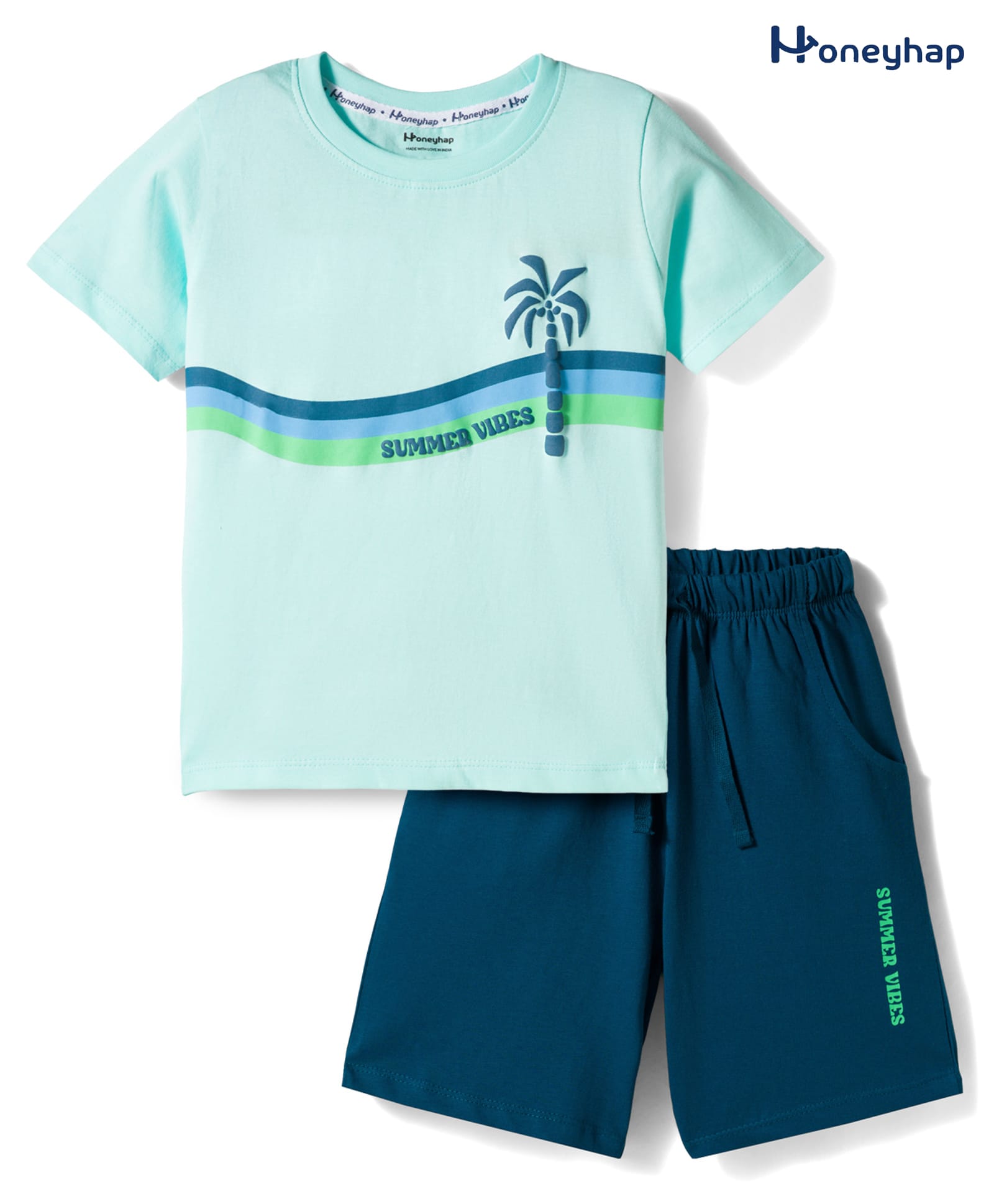 Honeyhap Premium 100% Cotton Knit With Bio Finish Half Sleeves T-Shirt & Shorts Night Suit With Tree Print - Blue Light & Sailor Blue-image-4