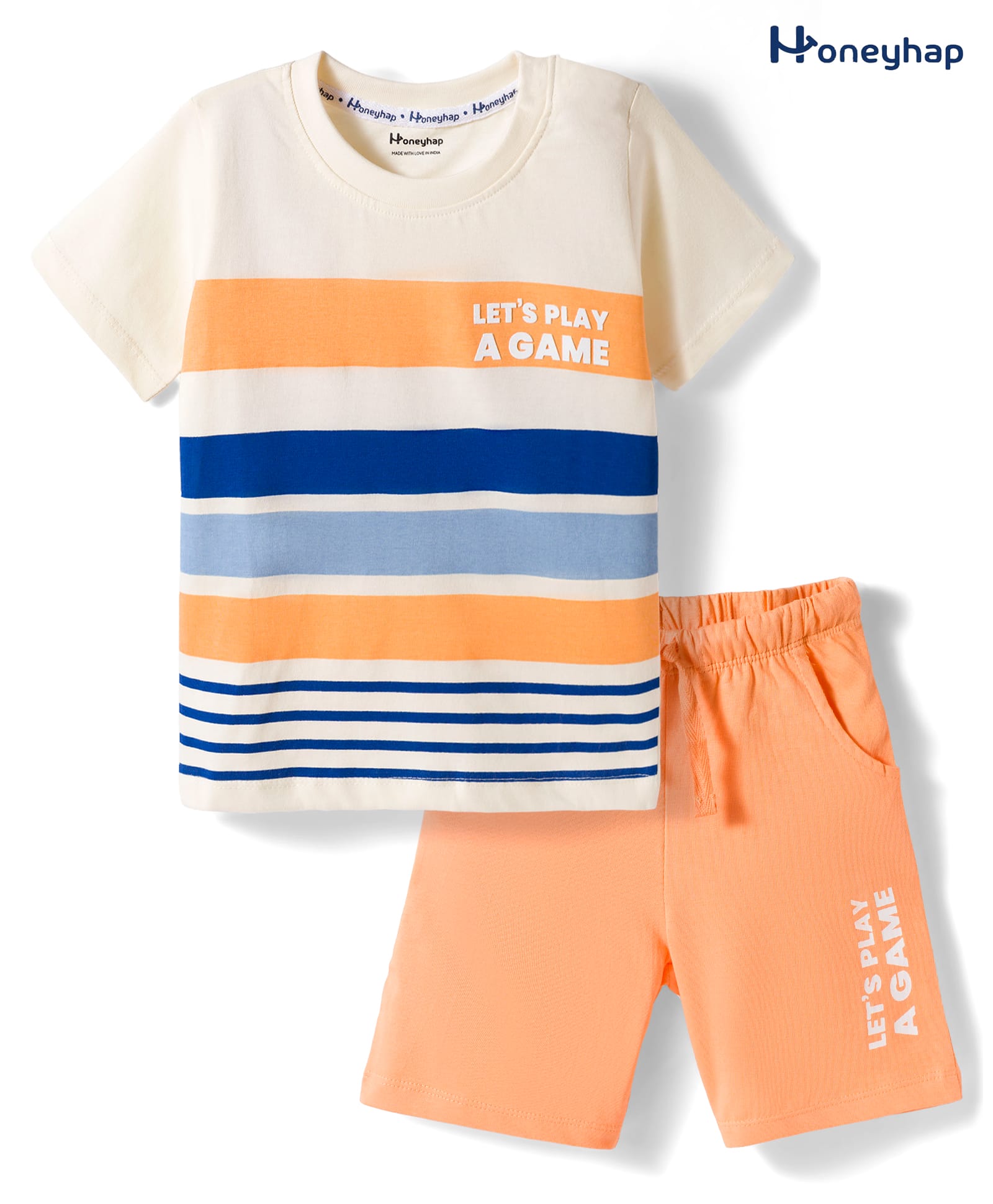 Honeyhap Premium Cotton Knit With Bio Finish Half Sleeves T-Shirt & Shorts Night Suit With Text Print - Marshmallow & Pumpkin-picture-15