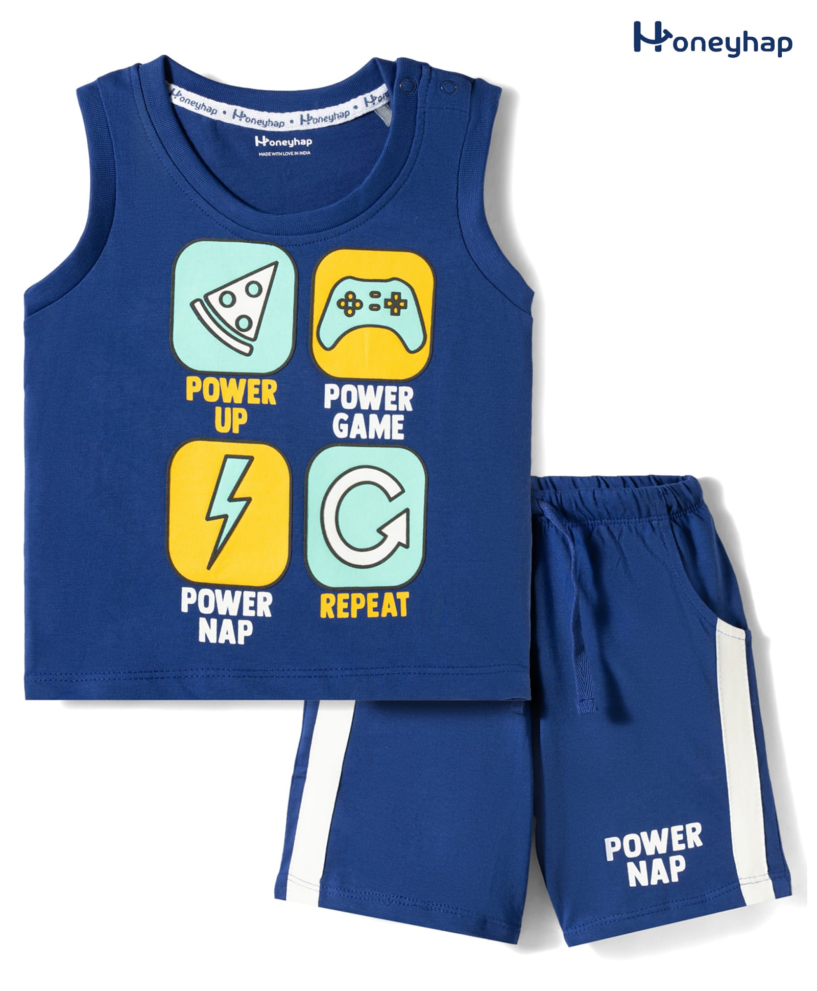 Honeyhap Premium Cotton Knit With Bio Finish Sleeveless T-Shirt & Shorts Night Suit With Text Print - Marshmallow & Pumpkin-picture-21