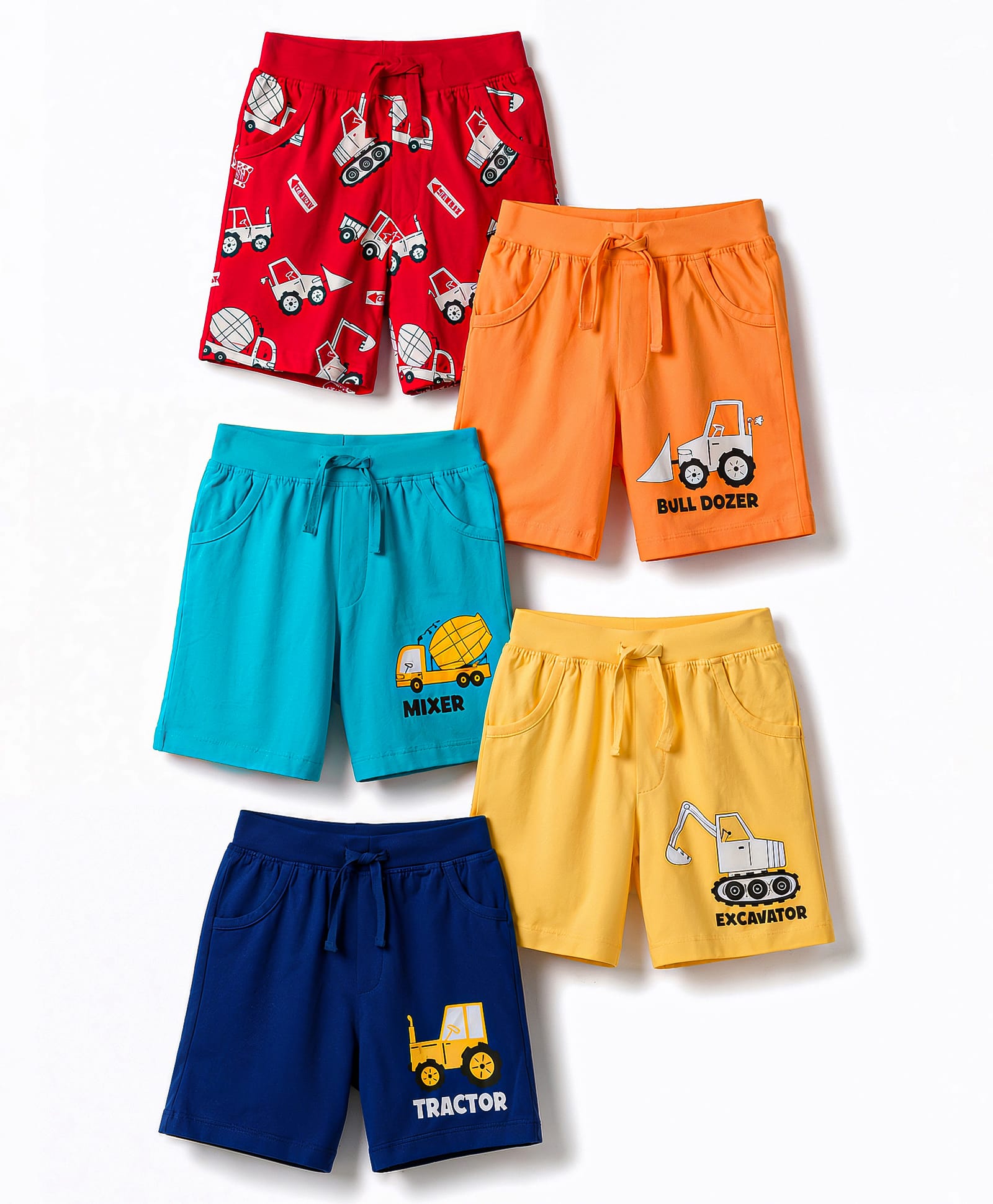 Doodle Poodle 100% Cotton Knit Knee Length Construction Vehicles Printed Shorts Pack Of 5 - Red Light & Navy Blue-picture-3