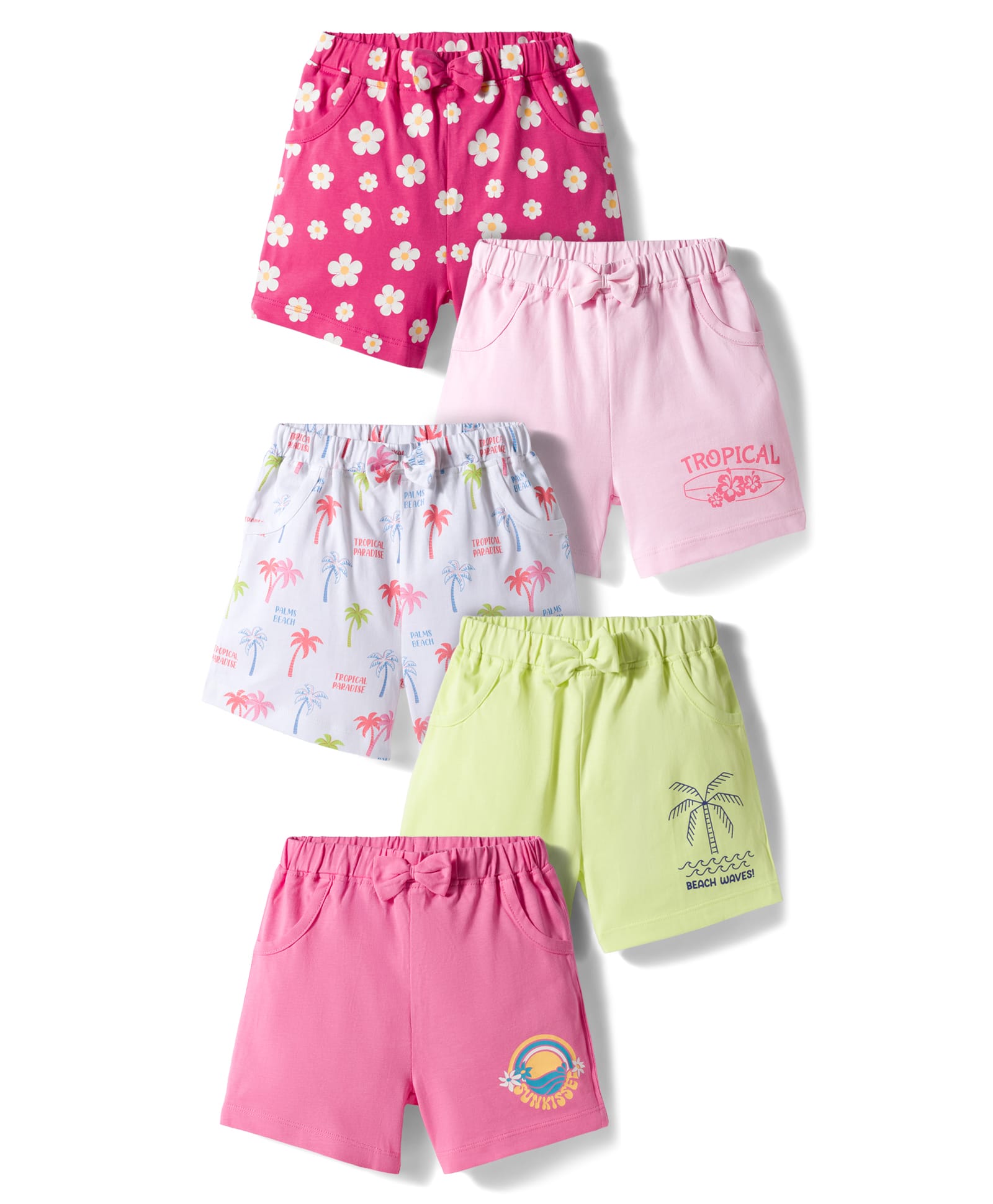 Doodle Poodle 100% Cotton Knit Knee Length Beach Theme & Floral Printed Shorts With Bow Applique Pack Of 5 - Multicolour-picture-13