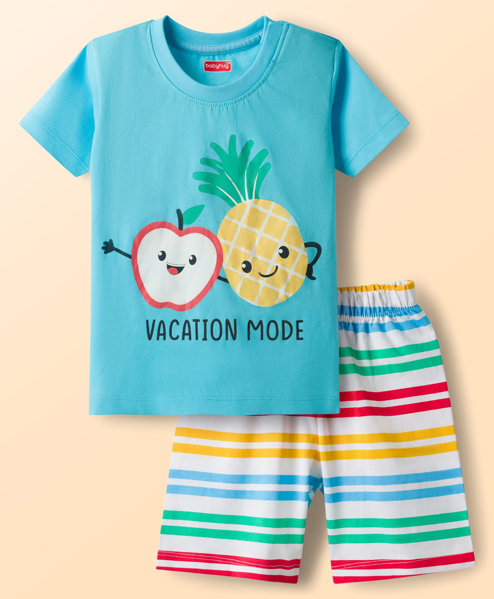 Babyhug Cotton Knit Half Sleeves Fruit Printed T-Shirt & Striped Short Night Suit - Light Blue-image-44