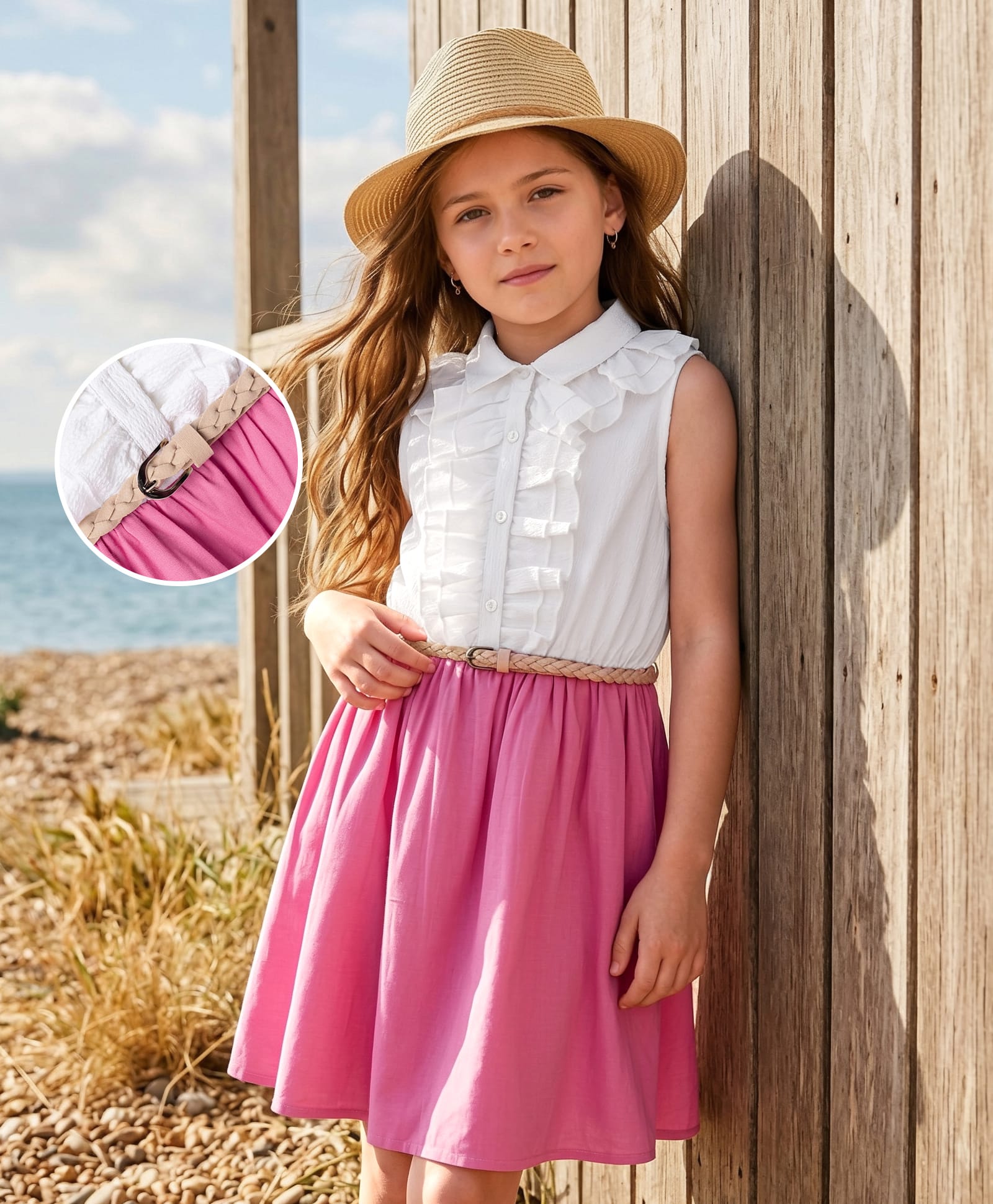 Hola Bonita Woven Sleeveless Solid Dress With Belt - Pink & White-image-19