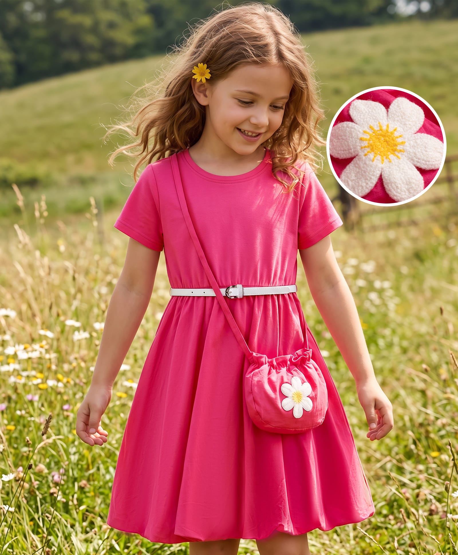 Hola Bonita Cotton Woven One Piece Dresses/Frocks Half Sleeves Round Neck Solid with Belt & Sling Bag Knee Length Pink 7-8 Years-picture-13