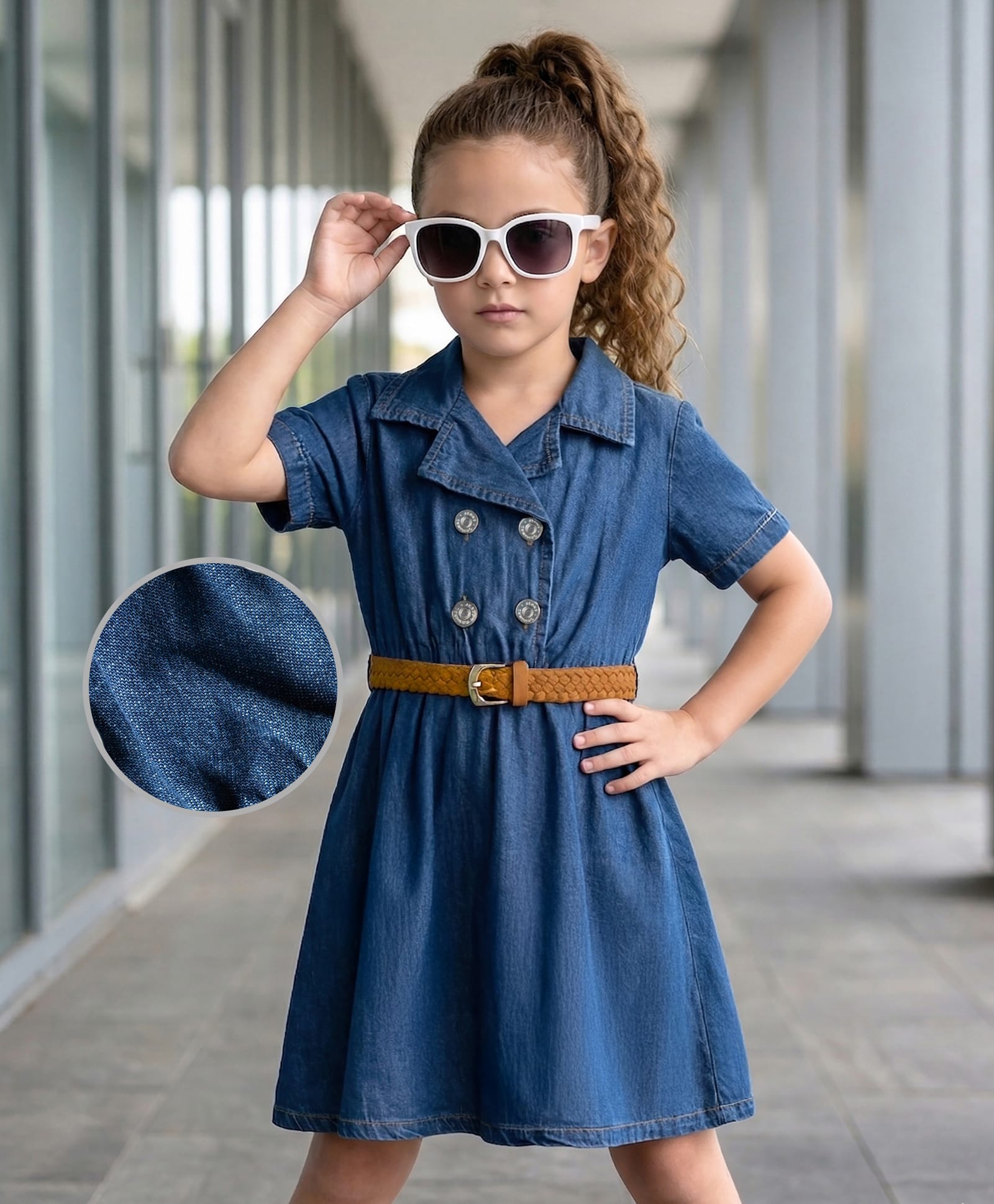 Hola Bonita Cotton Woven Half Sleeves Solid Denim Dress With Belt - Blue-image-46