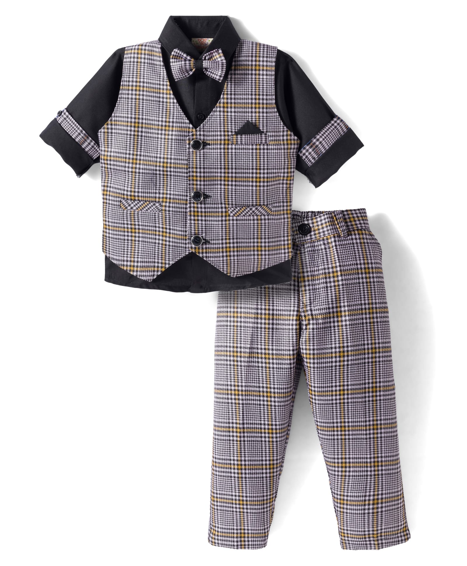 Rikidoos Cotton Woven Full Sleeves Checkered 3 Piece Party Suit with Bow - Black-picture-13