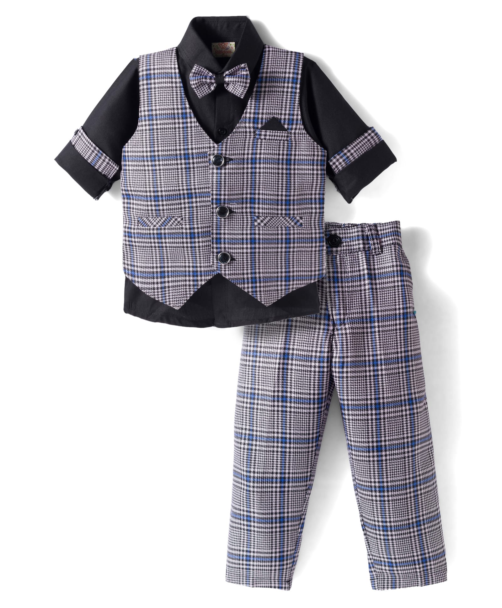 Rikidoos Cotton Woven Full Sleeves Checkered 3 Piece Party Suit with Bow - Black & Blue-picture-22