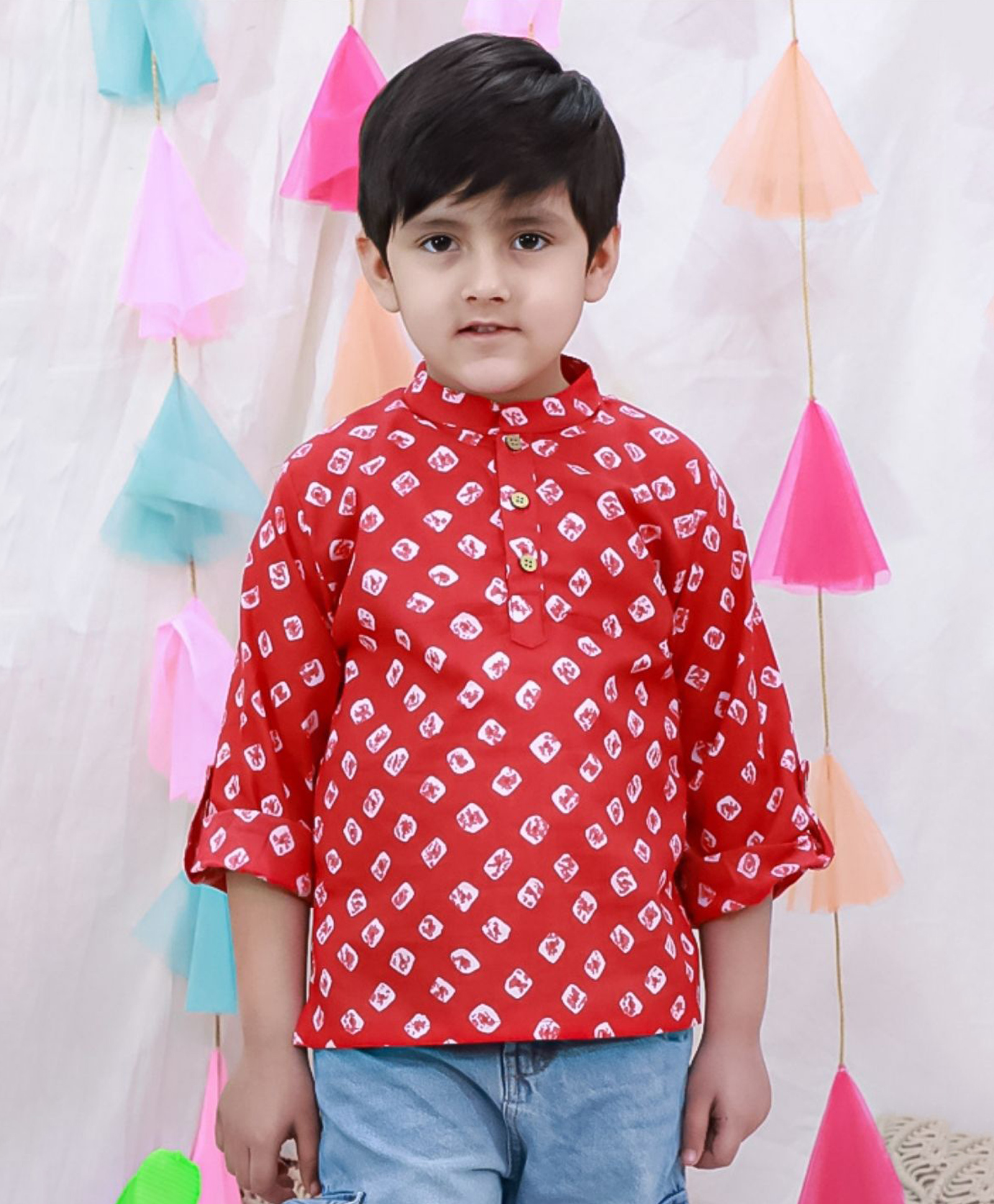 BownBee Cotton Woven Full Sleeves Bandhani Printed Short Kurta - Red-picture-16