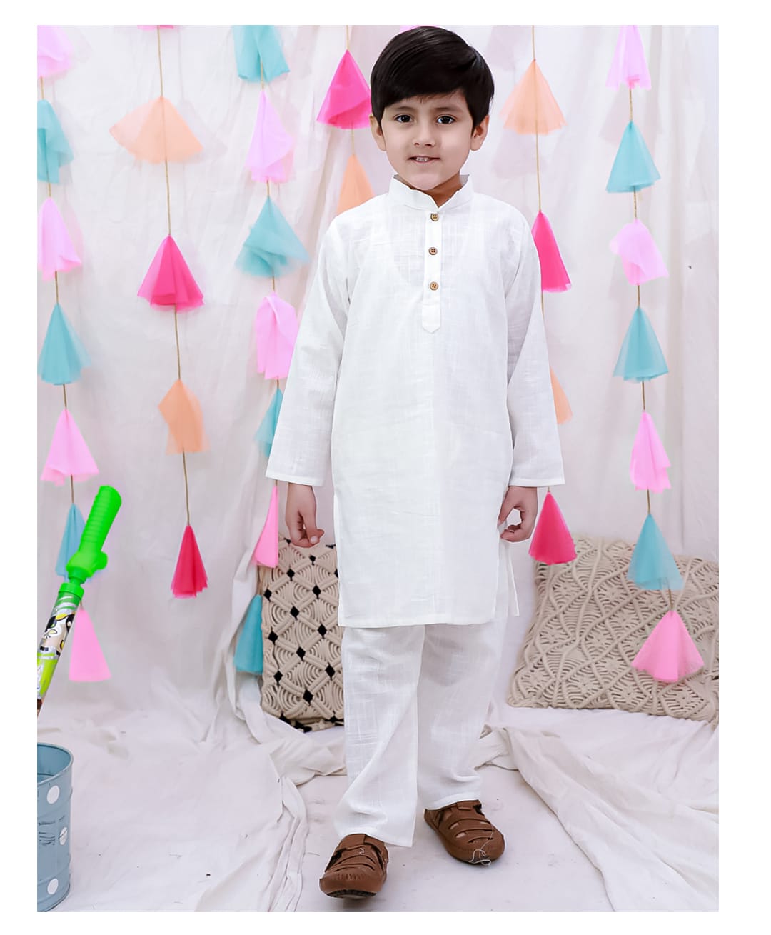 BownBee Cotton Woven Full Sleeves Solid Kurta & Pyjama Set - White-picture-27
