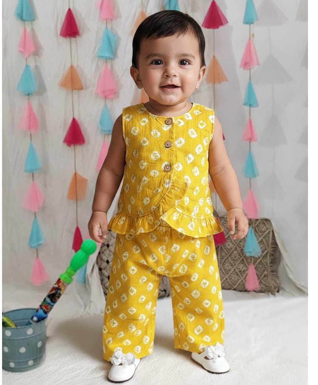 BownBee Pure Cotton Woven Sleeveless Abstract Printed Top & Palazzo Set - Yellow-picture-18