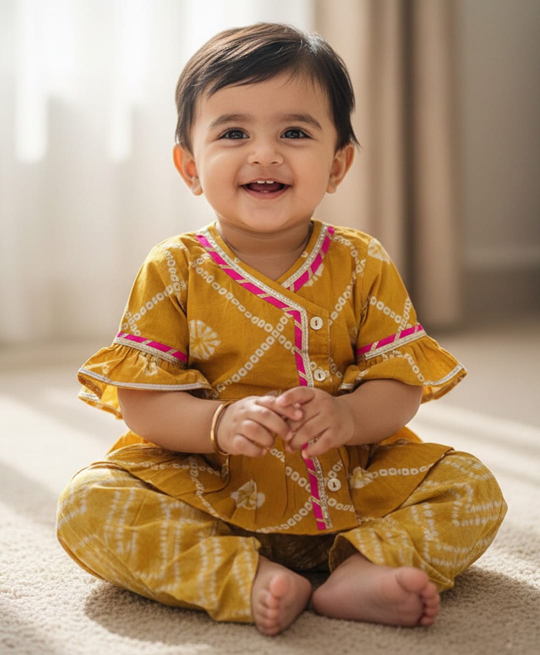 BownBee Cotton Woven Three Fourth Sleeves Bandhani & Floral Printed Angrakha Kurti & Dhoti Set - Mustard-picture-14