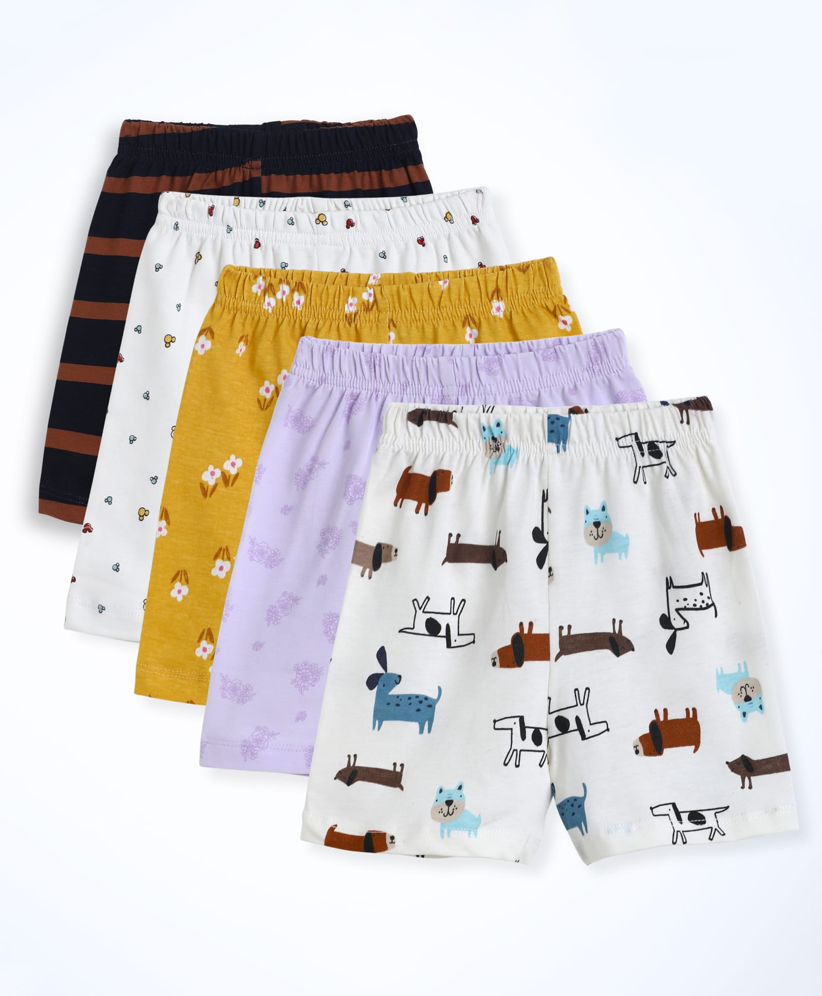 The Boo Boo Club Pure Cotton Knit Pack Of 5 Striped Dog & Floral Printed Shorts - Multi Colour-image-38